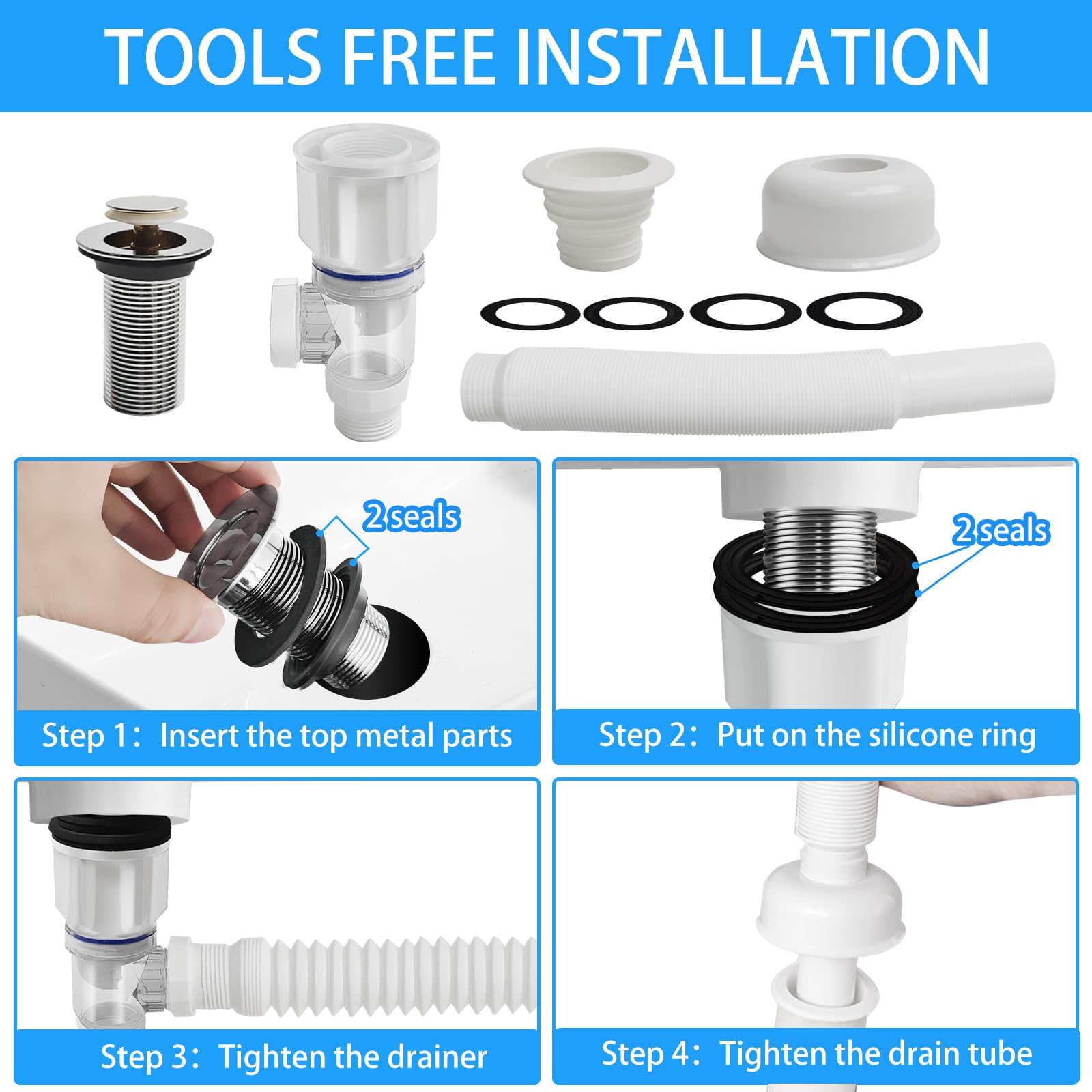 Kit de tubo de drenaje para fregadero, drenaje para fregadero de baño con cesta coladora, recogedor de pelo y tapón emergente, tubo de drenaje flexible para fregadero, trampa P, adecuado para desagües
