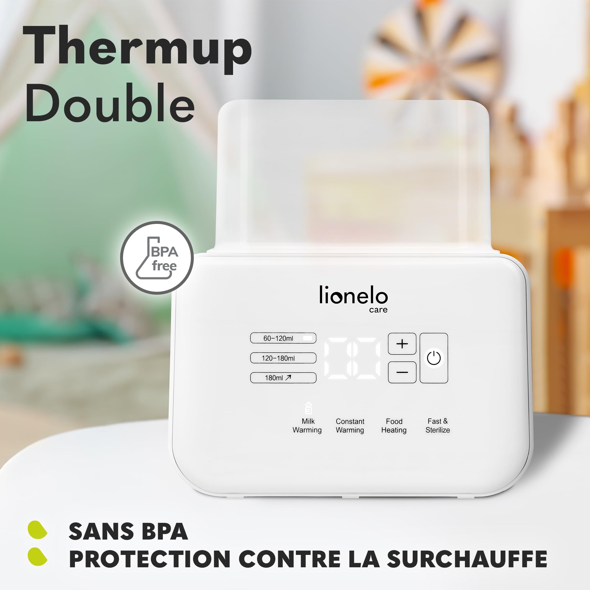 Lionelo Thermup Double Chauffe-Biberon 6 en 1, Chauffage Rapide dès 3 min | 2 biberons à la fois, stérilise, décongèle, garde au chaud 24 h, jusqu’à 100 °C, écran tactile lumineux, silencieux, Blanc