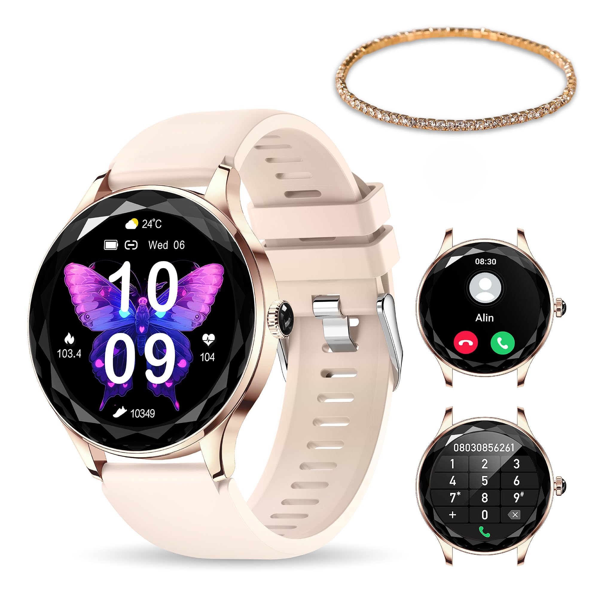 Orologio da donna connesso LSDIAMS smartwatch chiamata Bluetooth donna, braccialetto strass regalo, 100 sport, SPO2, 1,6" AMOLED Pedometro frequenza cardiaca per Android iOS, oro rosa