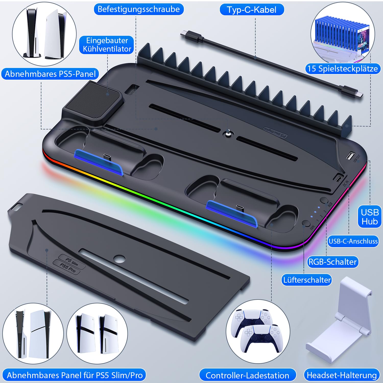 PS5 Stand Kühlstation für PS5/PS5 Slim/PS5 Pro,Vertikalständer mit Ultra-Lüfter und Buntem Licht, Headset-Halterung,PS5-Zubehör,Schwarz