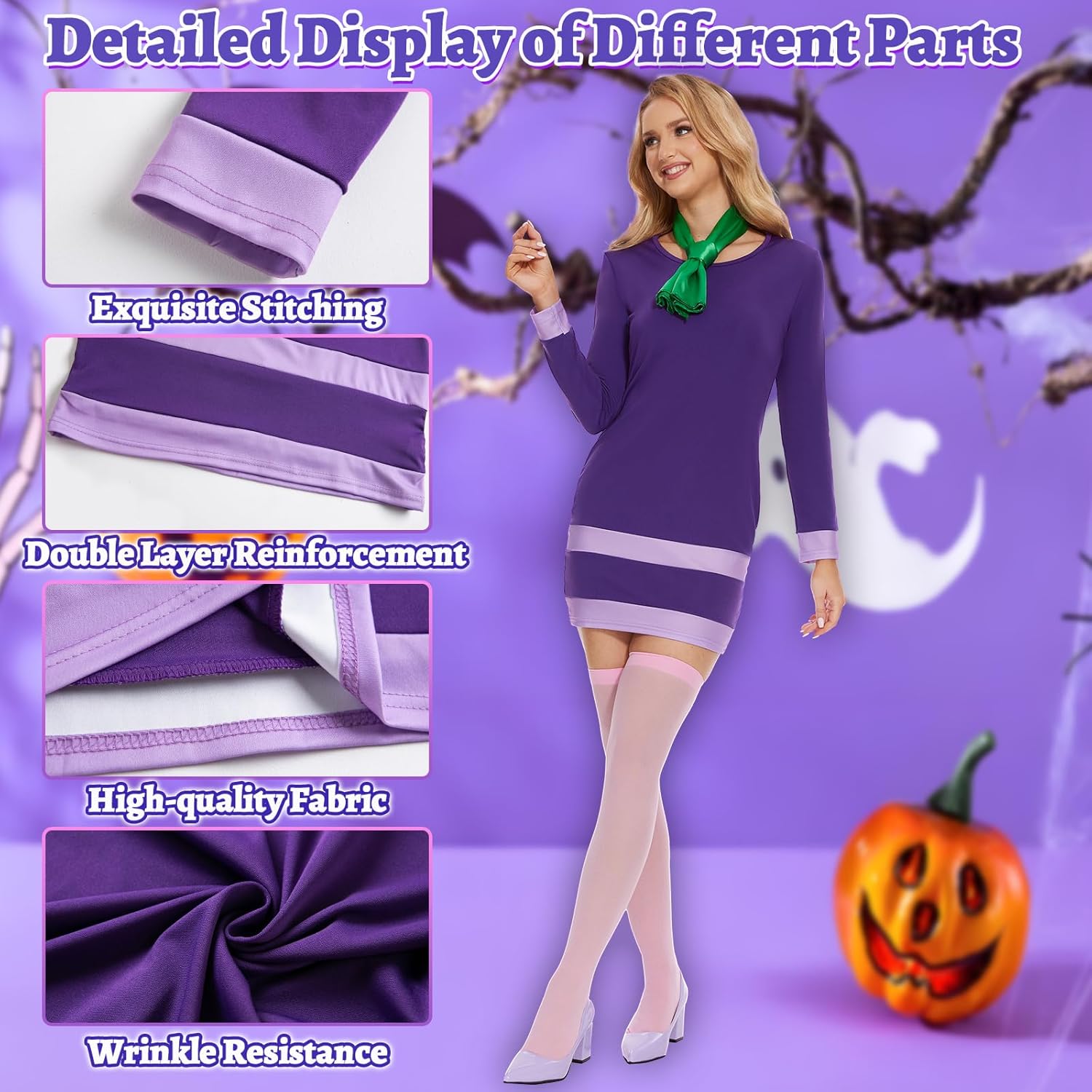 Halloween Costume Women Long Sleeve Adult Purple Dress with Wig Scarf Headband Socks - Image 4