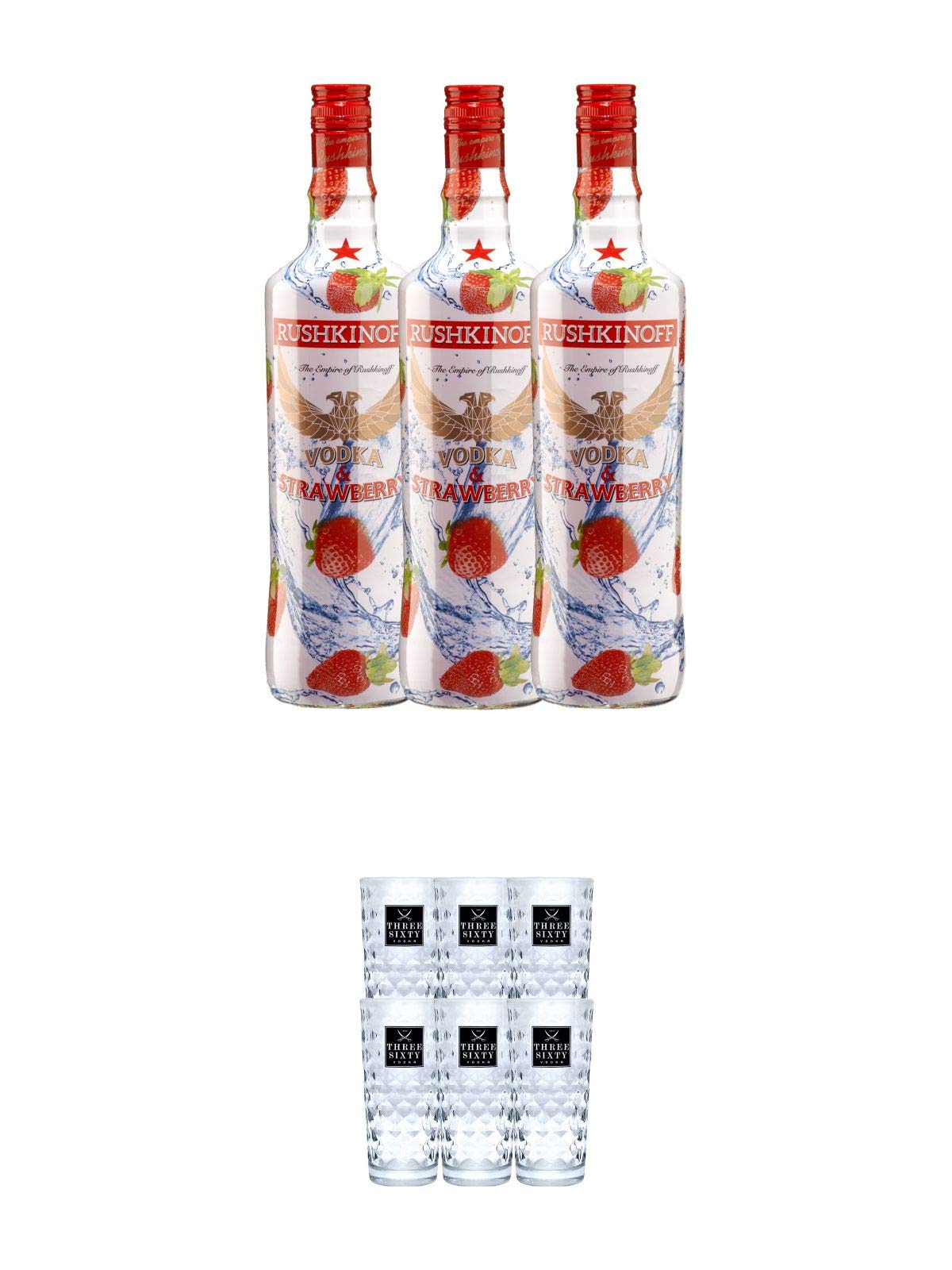 Rushkinoff Vodka & STRAWBERRY 3 x 1,0 Liter + Three Sixty Vodka Gläser 6er Karton
