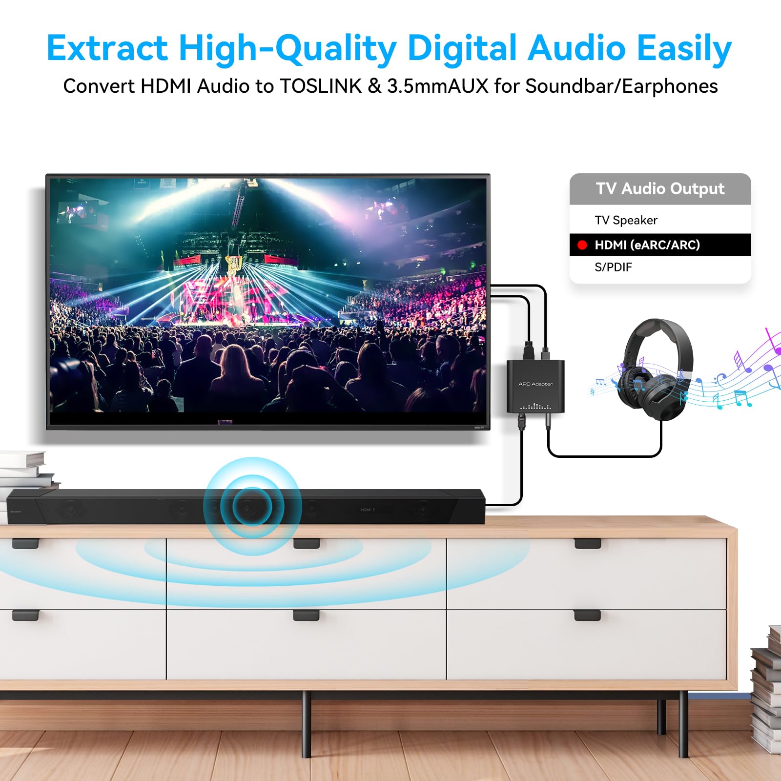 Extractor de audio HDMI ARC de 192 KHz, solo funciona para HDTV ARC a convertidor de audio óptico/RCA RCA a 3,5 mm AUX+Toslink, adecuado para barra de sonido, altavoz, auriculares