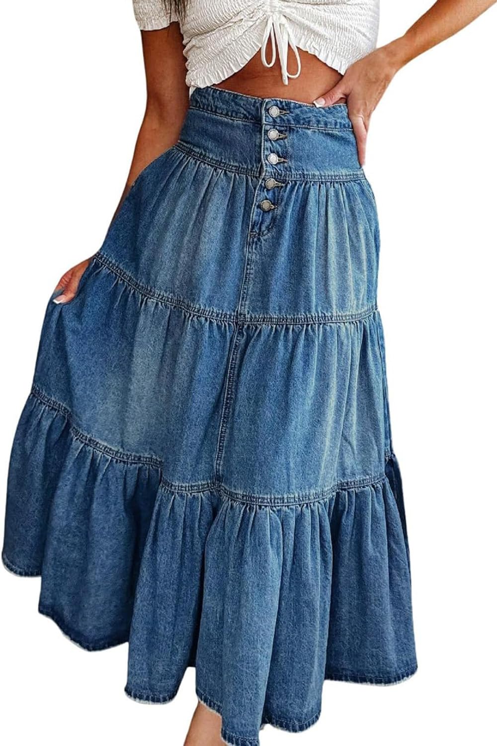 yoeasy Damen-Maxirock, hohe Taille, Denim, Knopf, Boho, fließend, plissiert, gestuft, Rüschen, Swing, A-Linie, Jeans, langer Rock