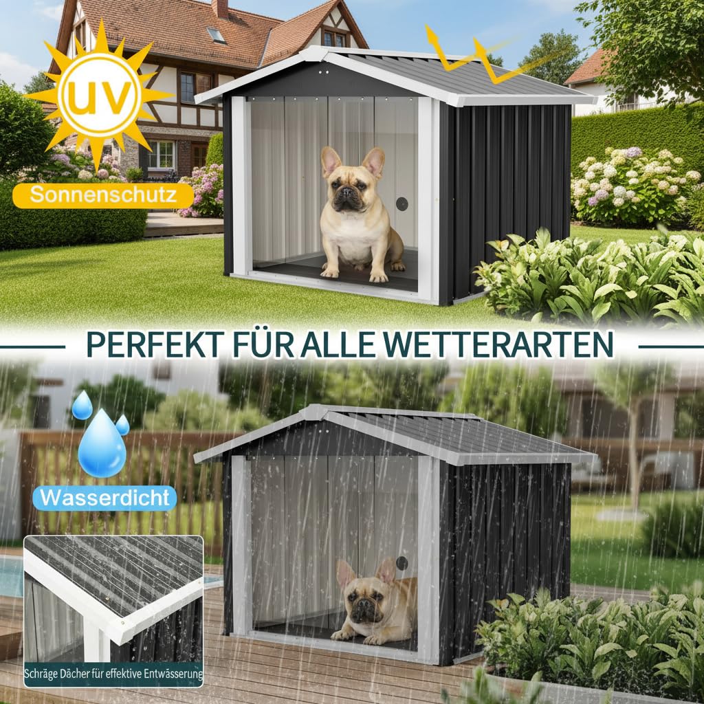 Caseta para perros XXL para exteriores, 102 cm, impermeable, protección UV, ventilación, color gris | Caseta XXL resistente al agua: sin remojo, sin tambalearse. Confort seco, protección UV, duradero, calidad estable.