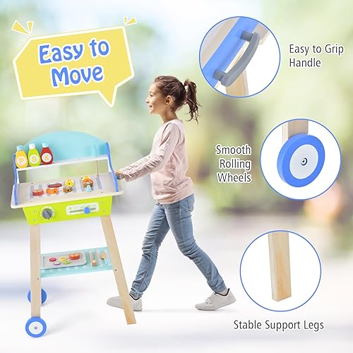 Miniatura 4 de Costzon Juego de parrilla para niños, camión de cocina de madera con 21 accesorios de comida y barbacoa, juego de juguetes de barbacoa para juegos