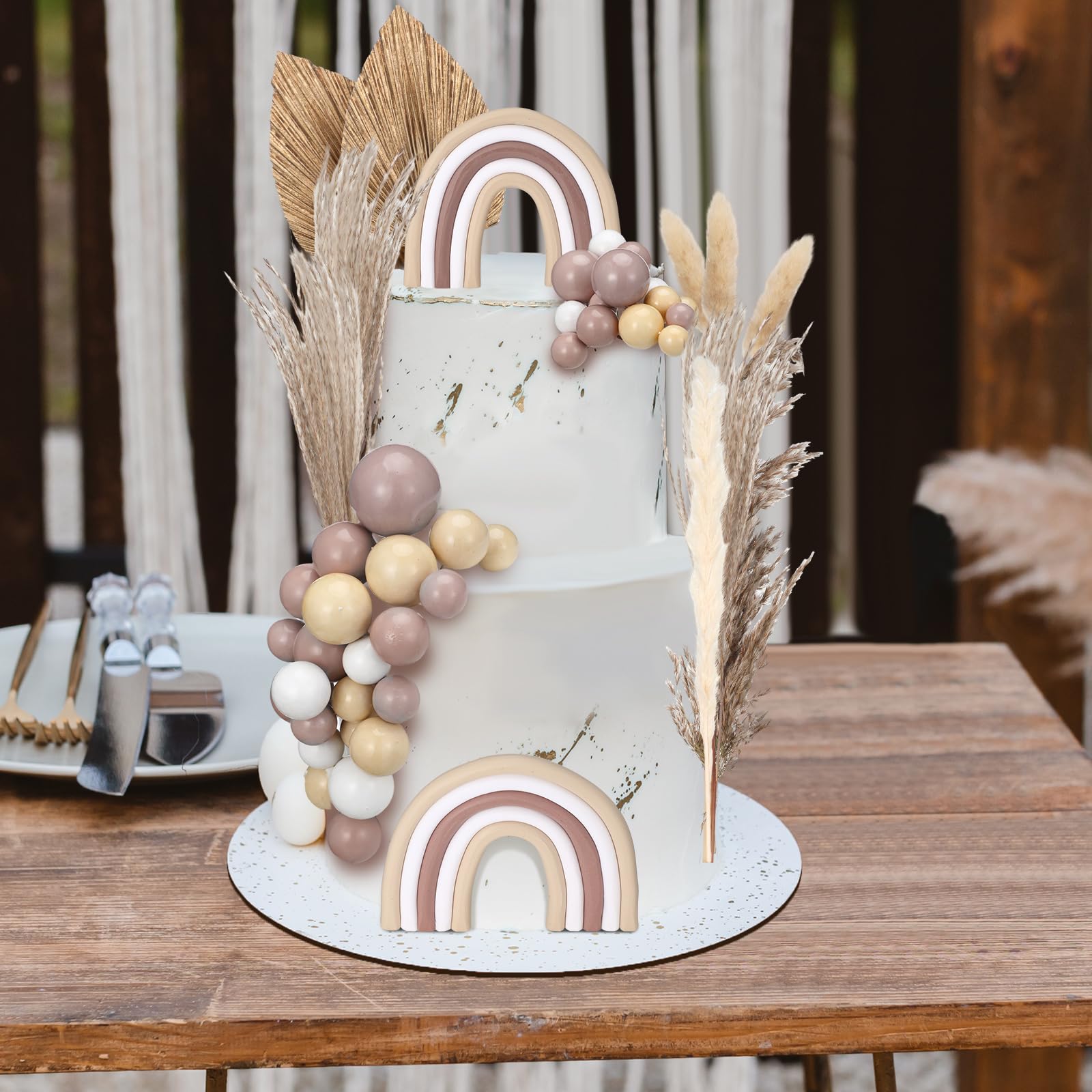 Roshtia 54 Pcs Rainbow Cake Toppers Includes Mini Balls Various Dried Pampas Grass Cake Decor Boho Cake Decorations for Wedding Baby Shower Girls Boys Birthday Party Supplies (Boho)