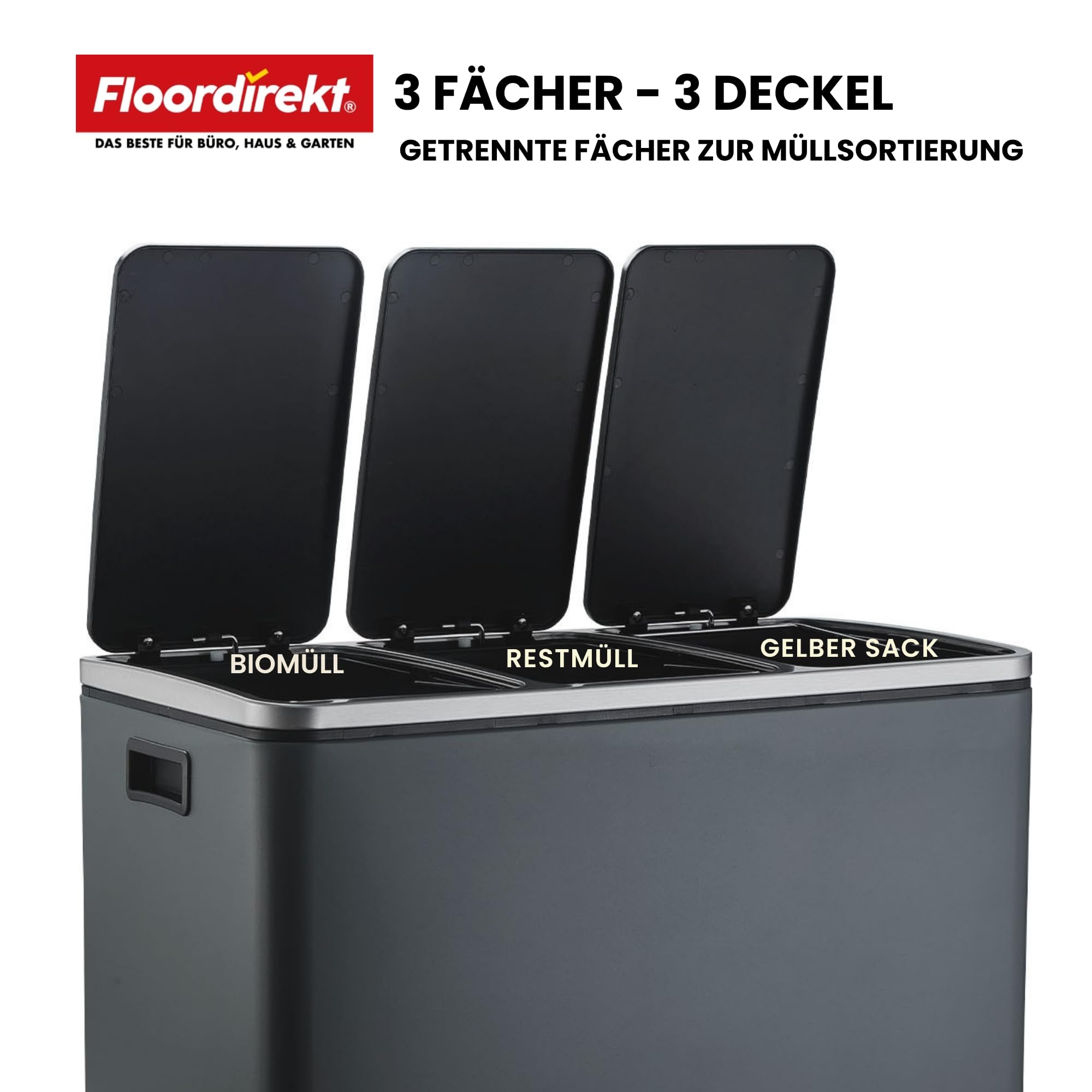 Floordirekt Mülleimer Küche 3×18L Schwarz | 3-Fach Mülltrennung, Treteimer Küche, Metall, Soft-Close, luftdicht, Kunststoff-Inneneimer, Klappdeckel – (Felix)