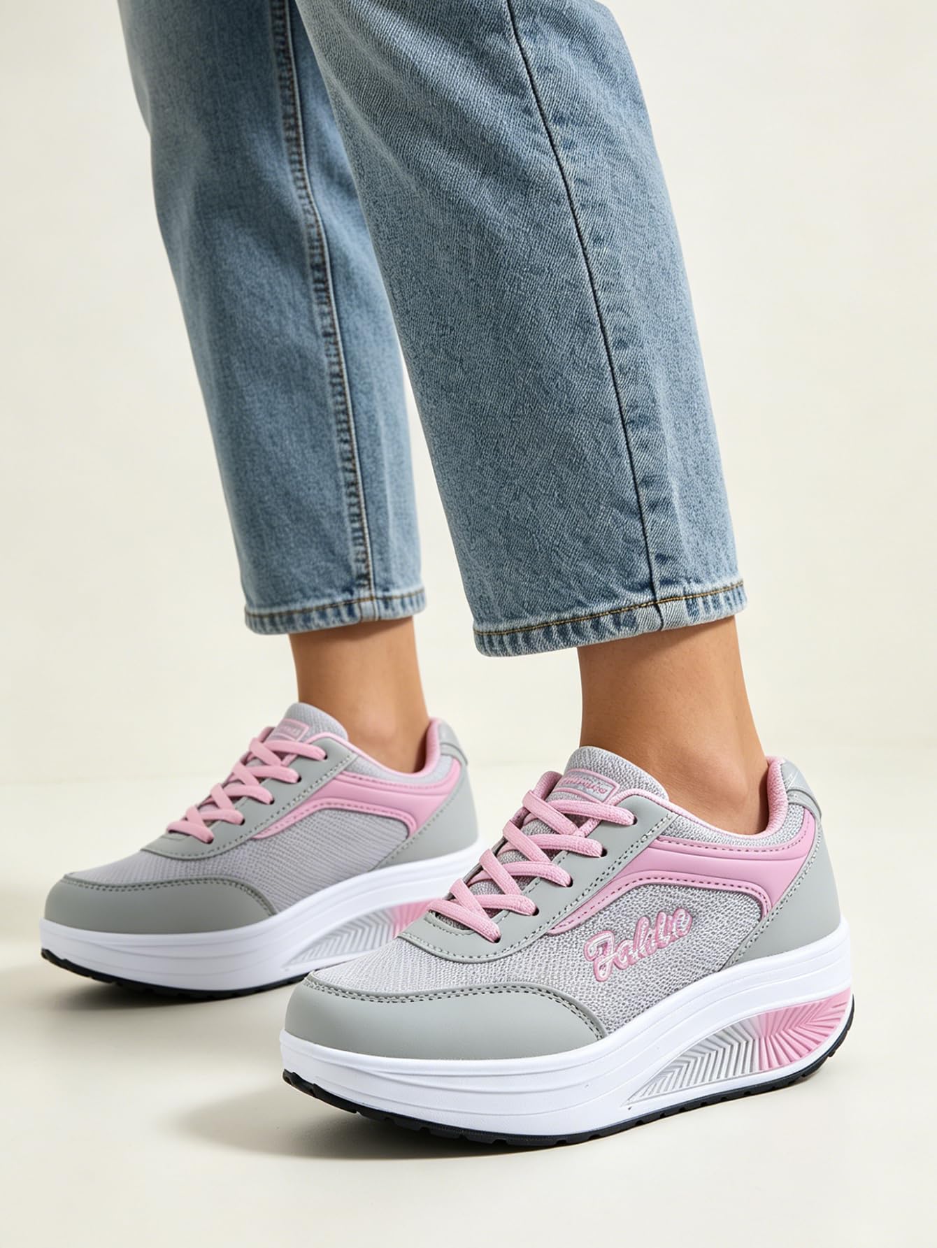 Women's Wedge Platform Sneakers, Breathable Mesh Rocker Bottom Walking Shoes, Comfortable Lightweight Casual Fitness Shoes