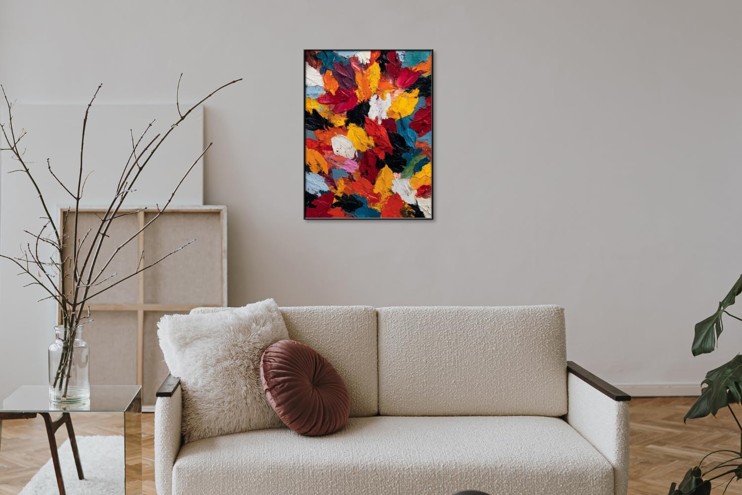 Vibrant Oil Painting Abstract Canvas Wall Art, Colorful Textured Modern Decor for Living Room, Bedroom (Black, 23" W x 31" L / 60x80cm, Framed)