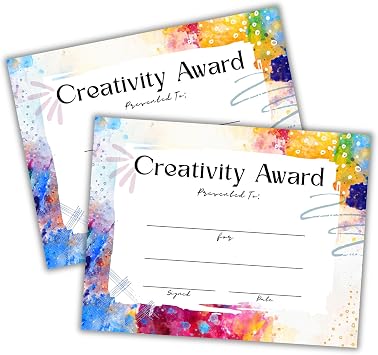 Creativity Award Most Creative Certificate of Achievement 30pk 8.5x11 Artist Art Competition Recognition Fill in Blank Participant Gallery Best in