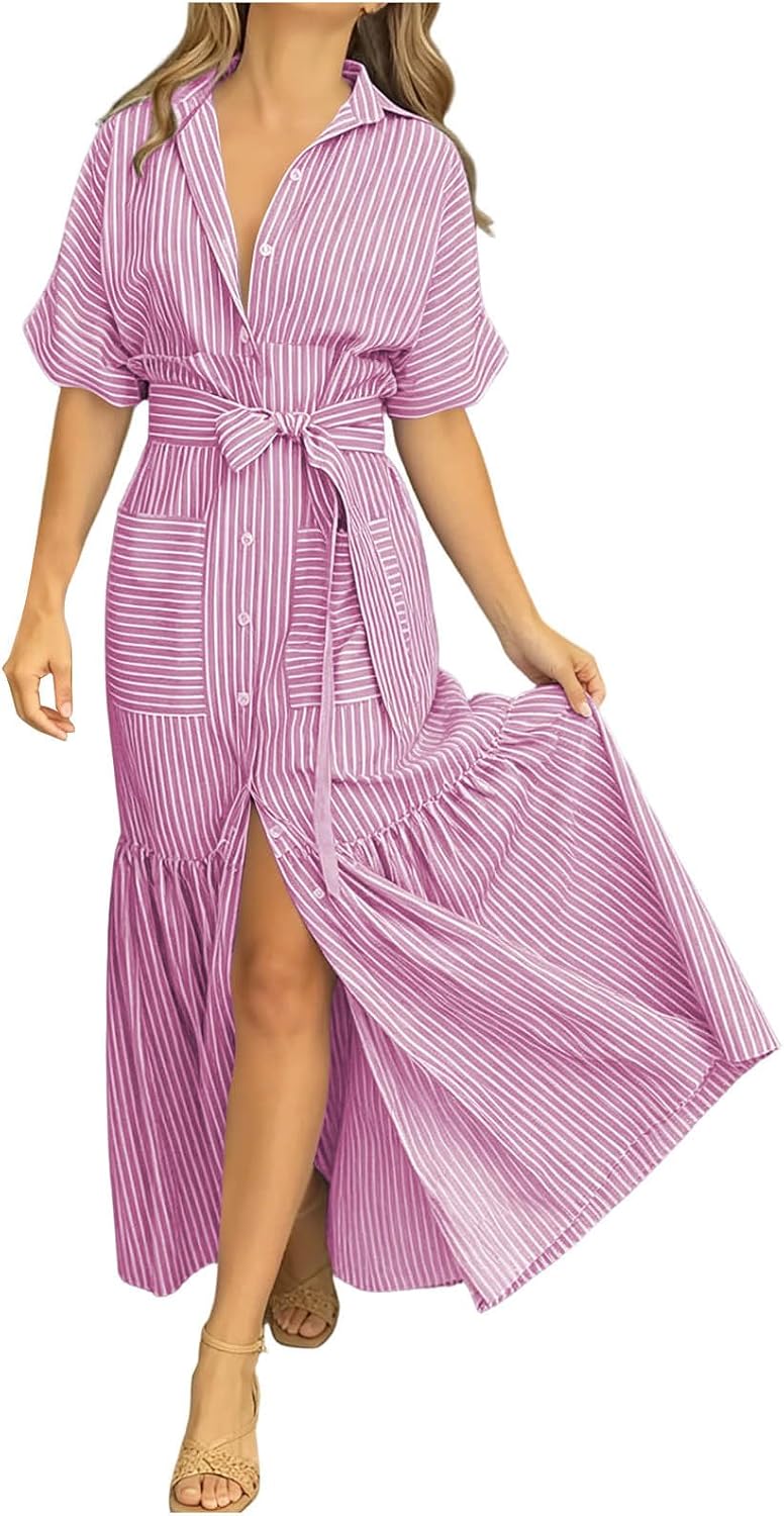 Women Ruffle Button Down Shirt Dress, Classic Striped Short Sleeve Maxi Dresses Business Casual Office Work Dress