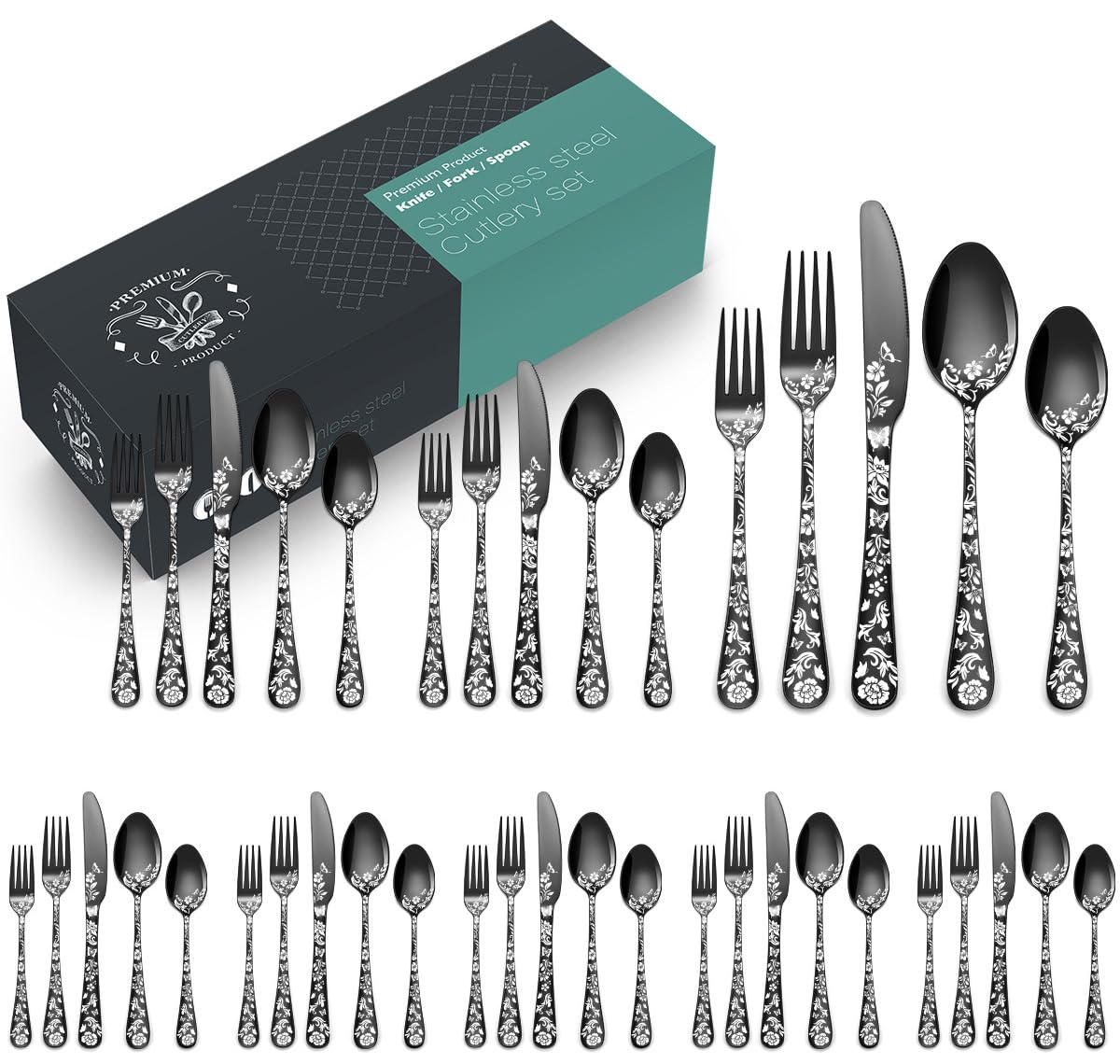 XIAOYU Juego de cubiertos negros de 40 piezas, de acero inoxidable apto para uso alimentario, para 8 personas, con diseño de mariposas y flores, ideal para restaurantes y hogar