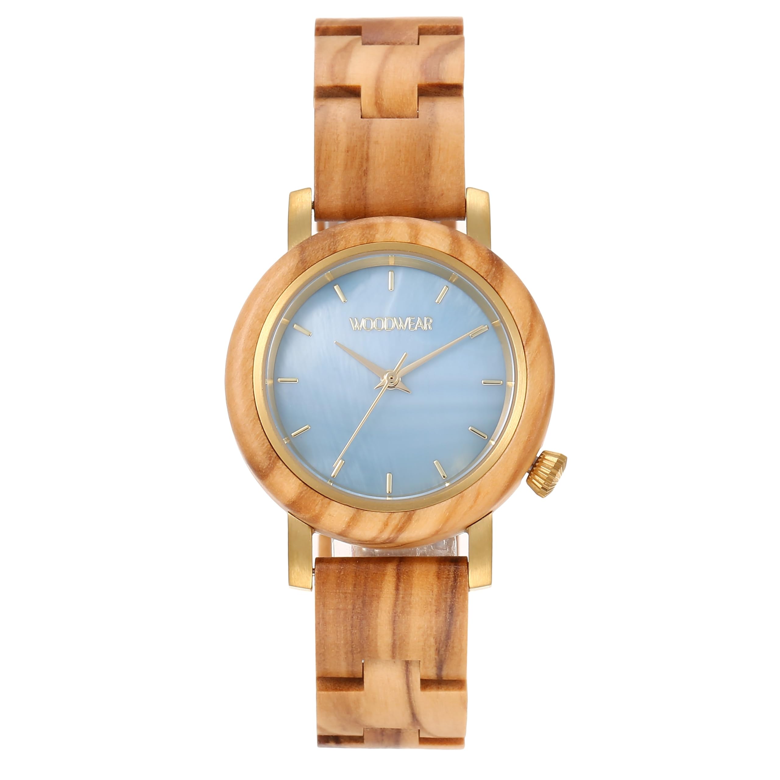 woodwear Damenarmbanduhr aus Olivenholz mit blauem Perlmutt-Zifferblatt Armbanduhr Holzuhr Sky Blue Edition japanischem Marken Quarzwerk (Sky Blue)