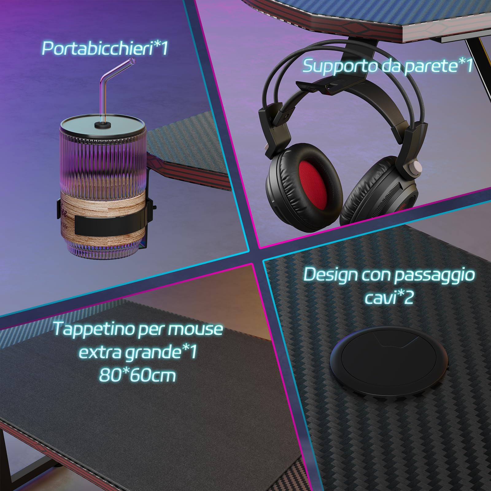 Devoko Scrivania Gaming 180 x 60 cm, Tavolo Gaming Ergonomica, Postazione con Piano del Tavolo in Fibra di Carbonio, Scrivania per Computer con Porta Bicchiere e Ganci per Cuffie, Nero