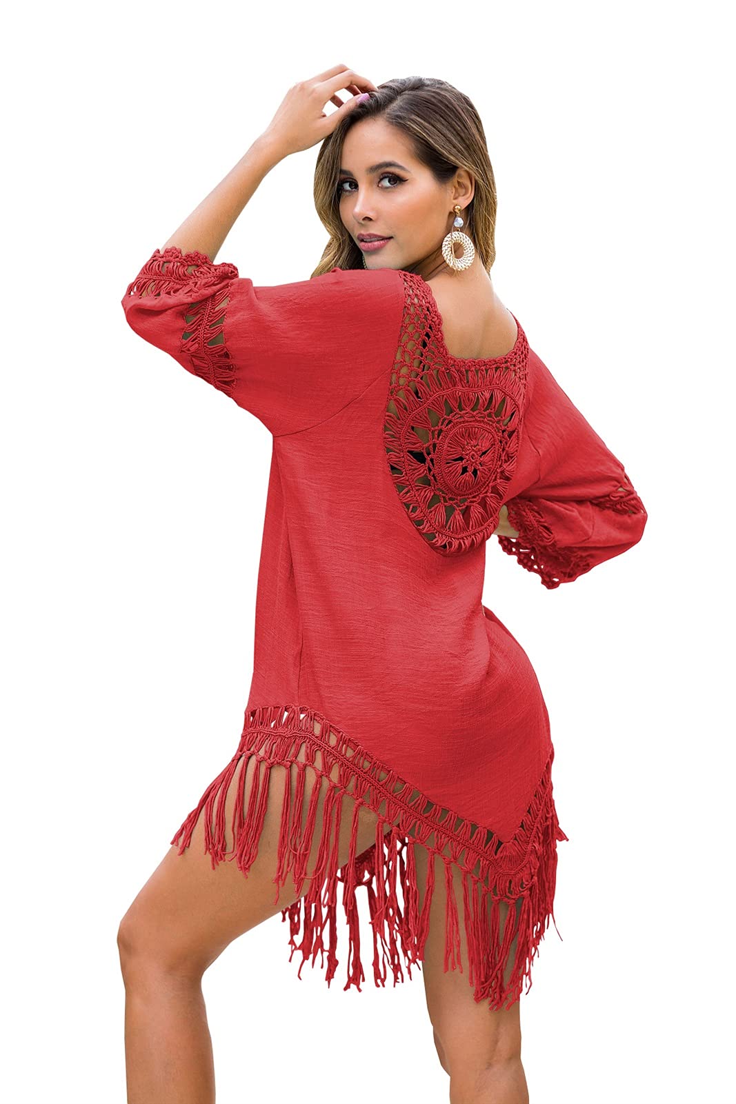 KCLONAZS Vestido de Playa de Color sólido de Las Mujeres Cosido con Flecos Bikini Blusa Suelta Hollow Traje de baño Camisa de Manga Larga