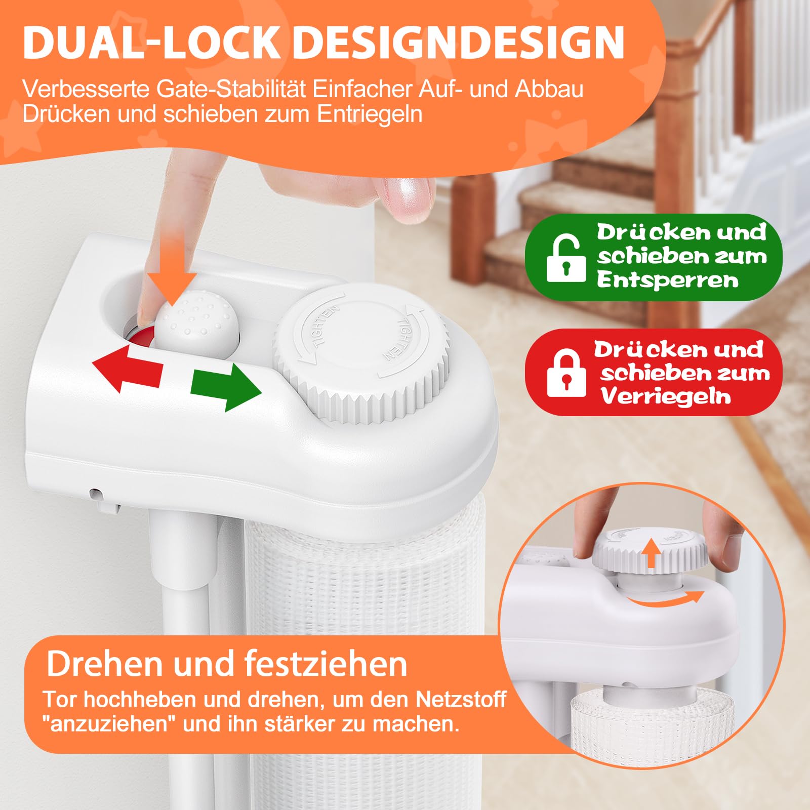 Verstärktes Baby- & Haustiergitter – Einziehbar Bis 3,8 M, 89 Cm Hoch, Mit Stützstangen Gegen Durchkriechen, Für Türen, Treppen & Durchgänge (drinnen/draußen)