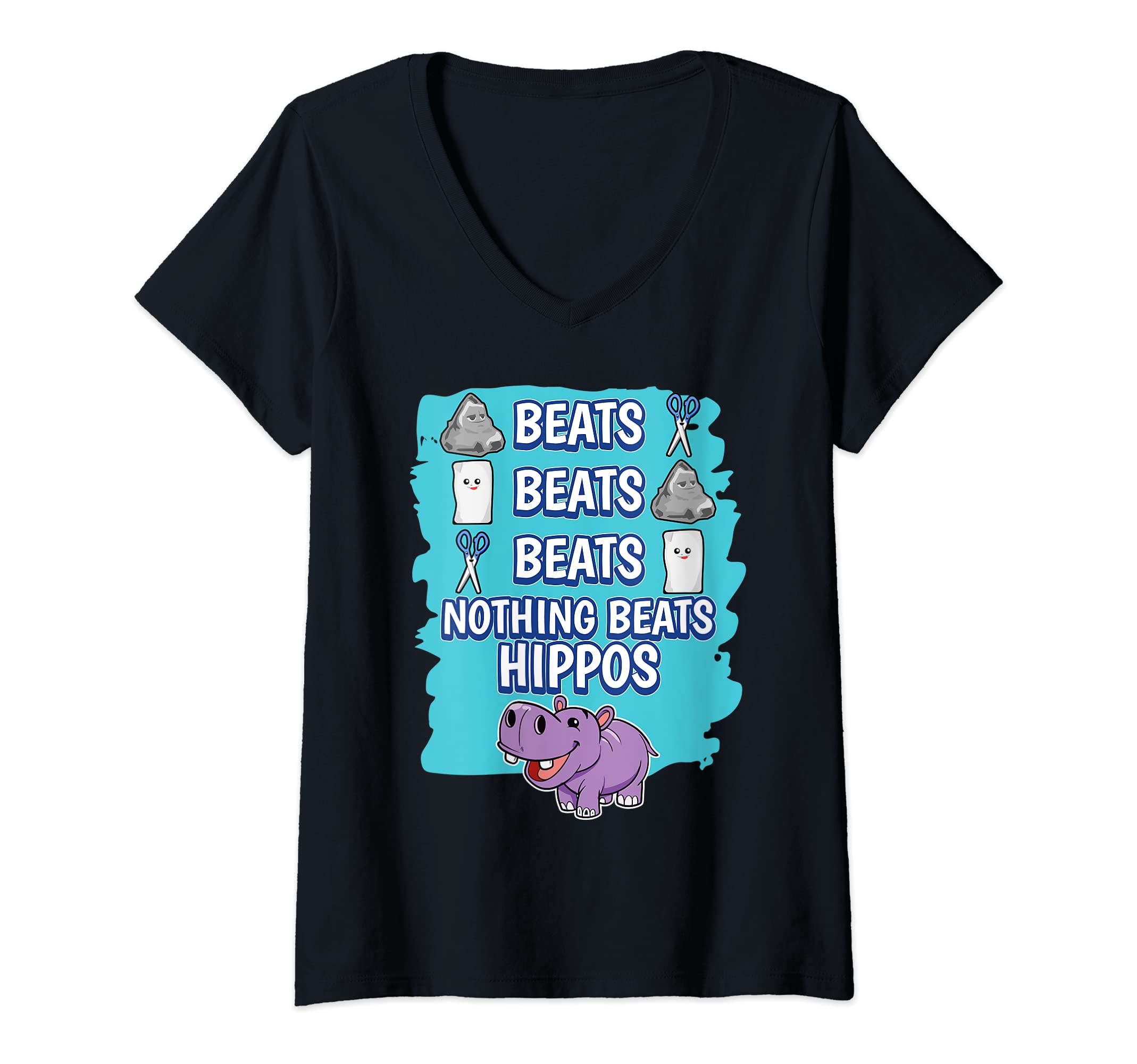 Womens Nothing Beats Hippos Rock Paper Scissors Game Hippo V-Neck T-Shirt