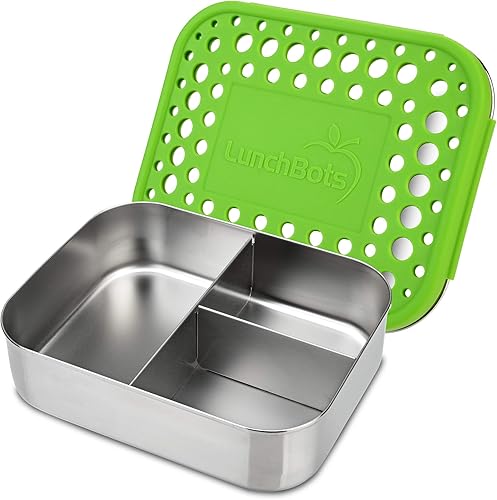 LunchBots Medium Trio II - Contenedor de alimentos dividido de acero inoxidable - Tres secciones para aperitivos sobre la marcha - Ecológico, apto
