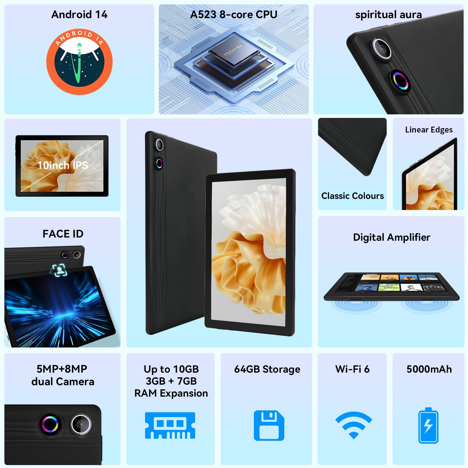 HotLight Tablet 10 pollici, Android 14 Tablet, Octa-Core 10GB RAM + 64GB ROM (TF 1TB) con 5G WiFi, Face ID, Spiritual Aura, connessione OTG, WideVine L1, BT 5.3 (Nero)