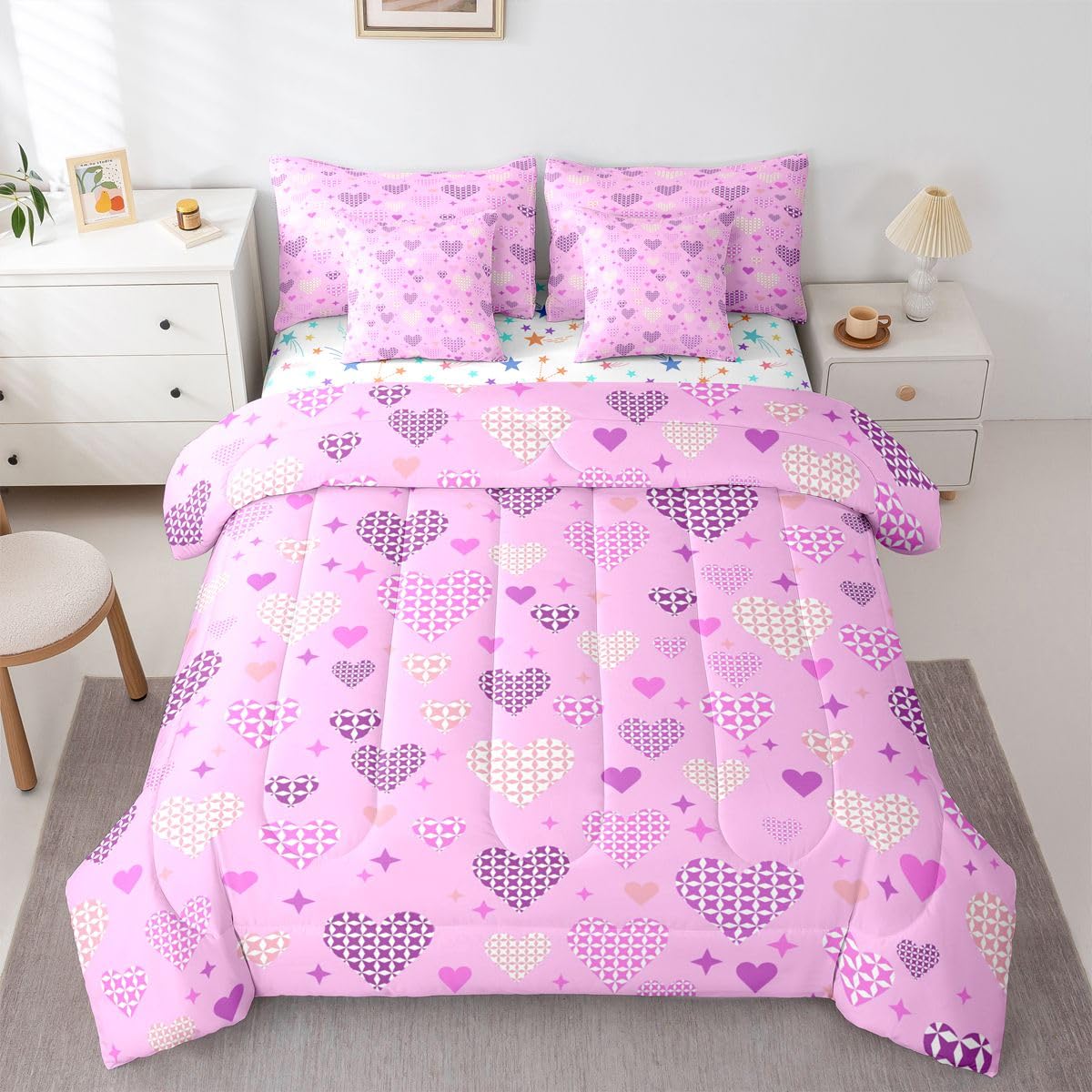 Erosebridal Love and Heart 7 Pieces Bedding Set Cute Heart Pattern Full Comforter Set for Girls Kids Purple Valentine Bed in A Bag with Flat and Fitted Sheet Love Geometric Bed Set