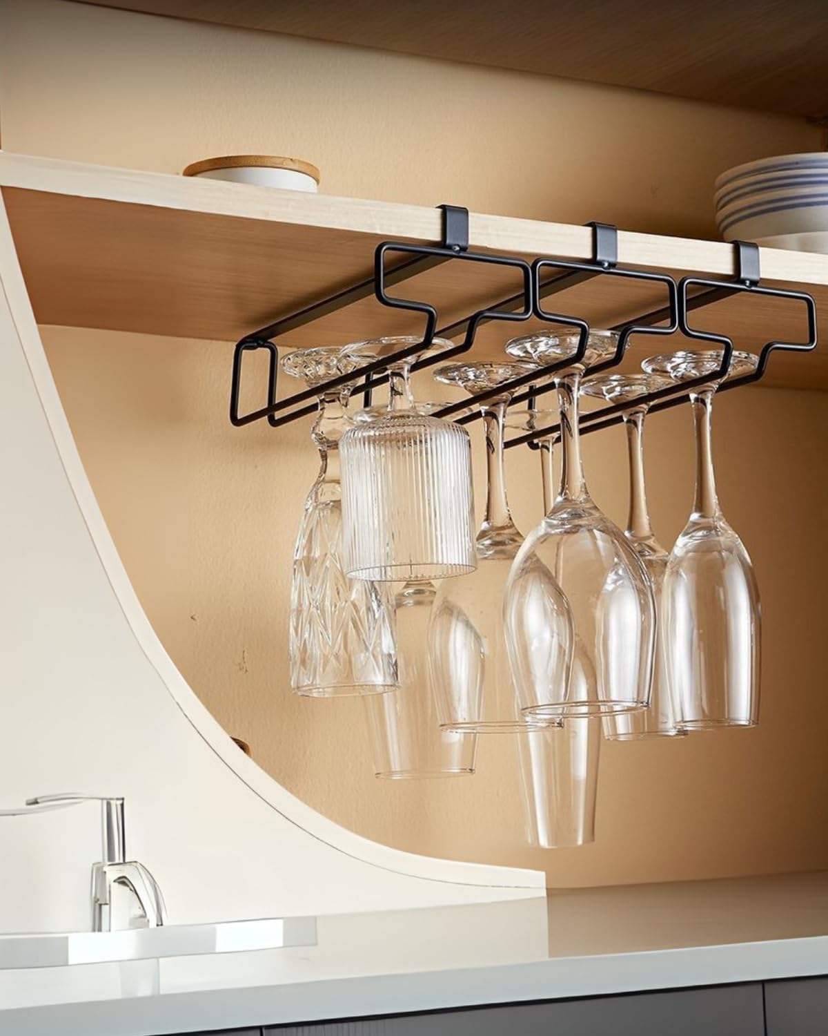 LINFIDITE Wine Glass Holder 2PCS Stemware Rack Hanger Under Cabinet Wine Glass Rack Kitchen Hanging Storage Rack Organizer,Black (For Partition Thickness under 0.98")