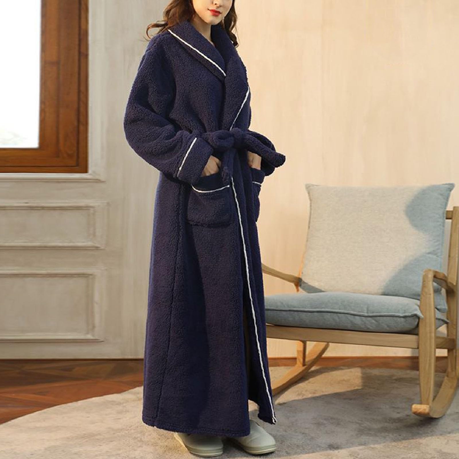 Albornoces largos y cálidos para hombre y mujer, para invierno, albornoz de franela de viaje, de forro polar, tallas grandes, bata de baño de manga larga, suave, cómoda, mullida