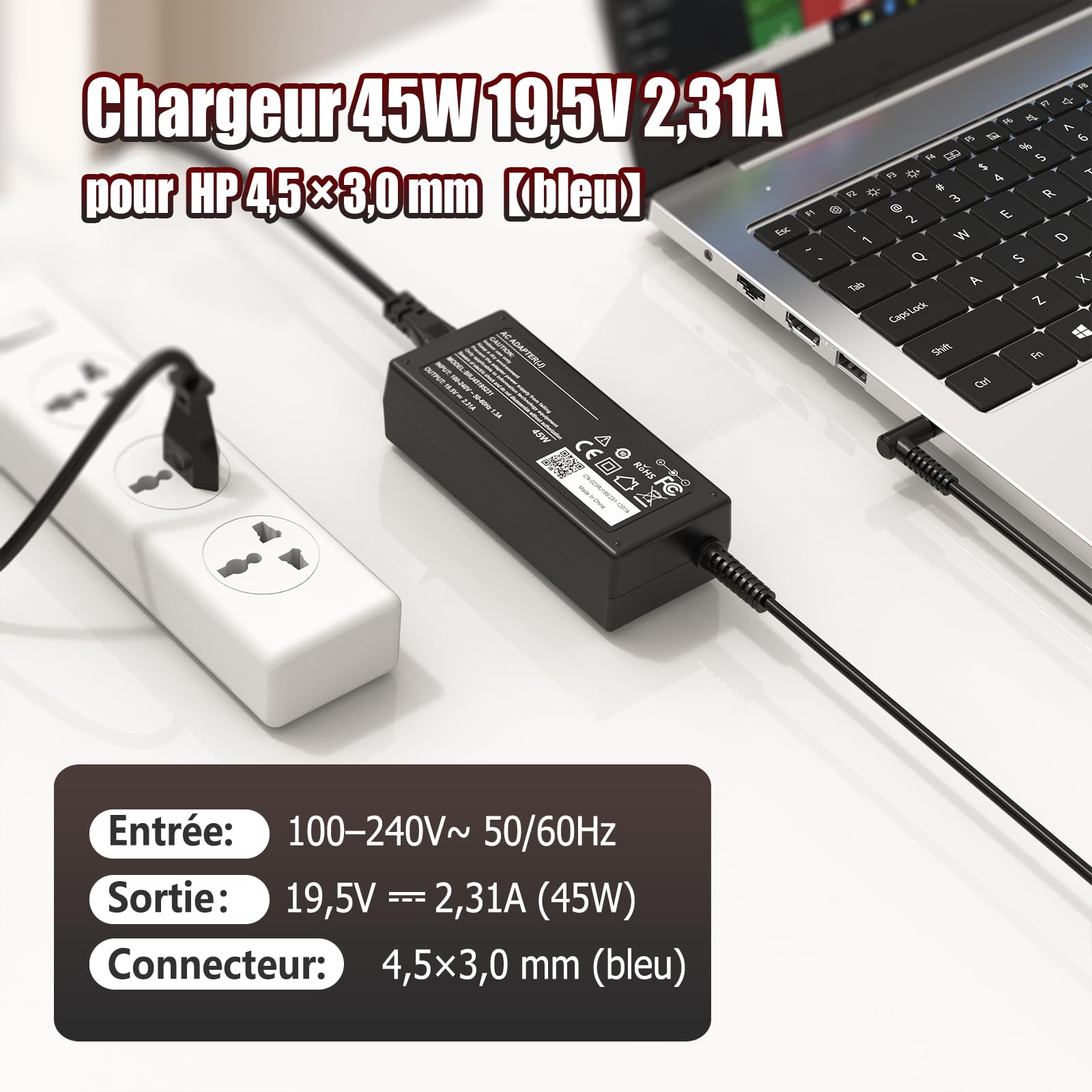 Chargeur Ordinateur Portable pour HP 45W 19,5V 2,31A Alimentation 4,5 x 3,0 | Compatible avec HP Pavilion x360, EliteBook, ProBook, Envy, Spectre, Stream, Remplace 741727-001