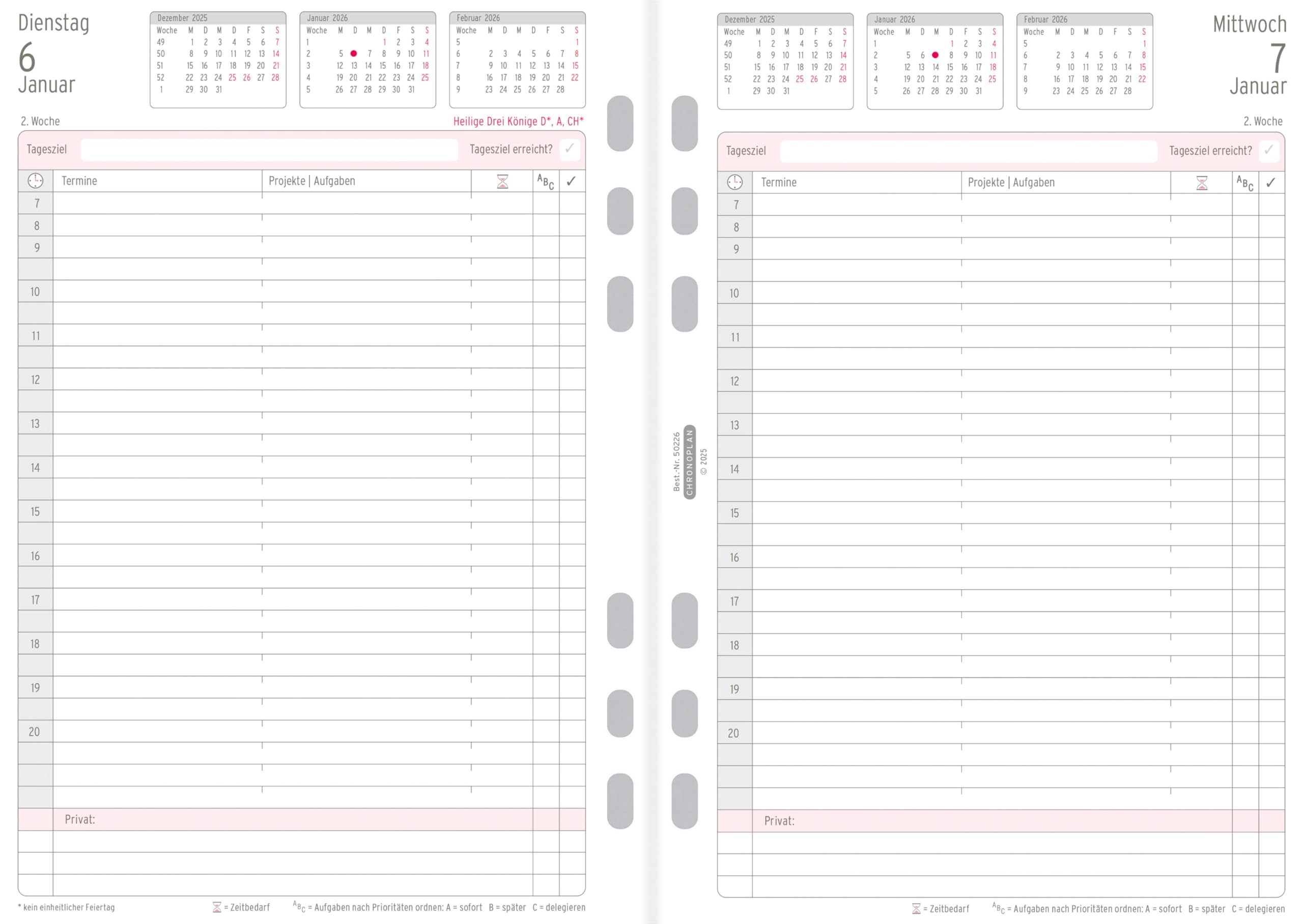 Chronoplan 50226 Kalendereinlage 2026 (Tagesplan A5 (148x210mm), Ersatzkalendarium für Terminplaner, Tagesplaner, ideal für detaillierte Tagesplanung, 1 Tag auf 1 Seite, mit Universallochung) weiß