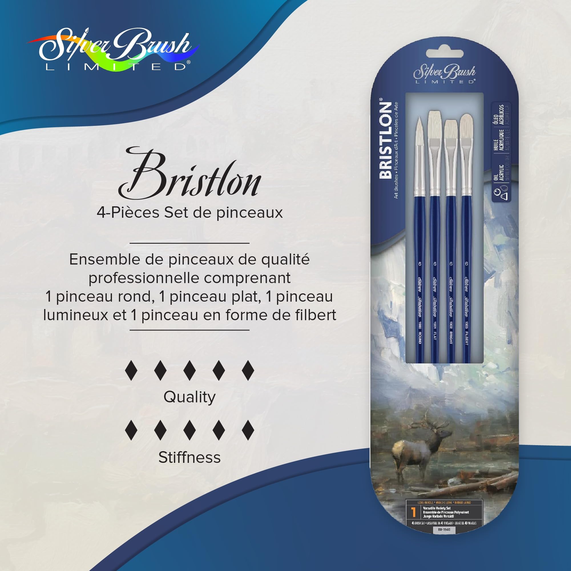 Silver Brush Limited - Assortiment de 4 pinceaux Bristlon pour la Peinture à l'huile et Acrylique - Manche Long