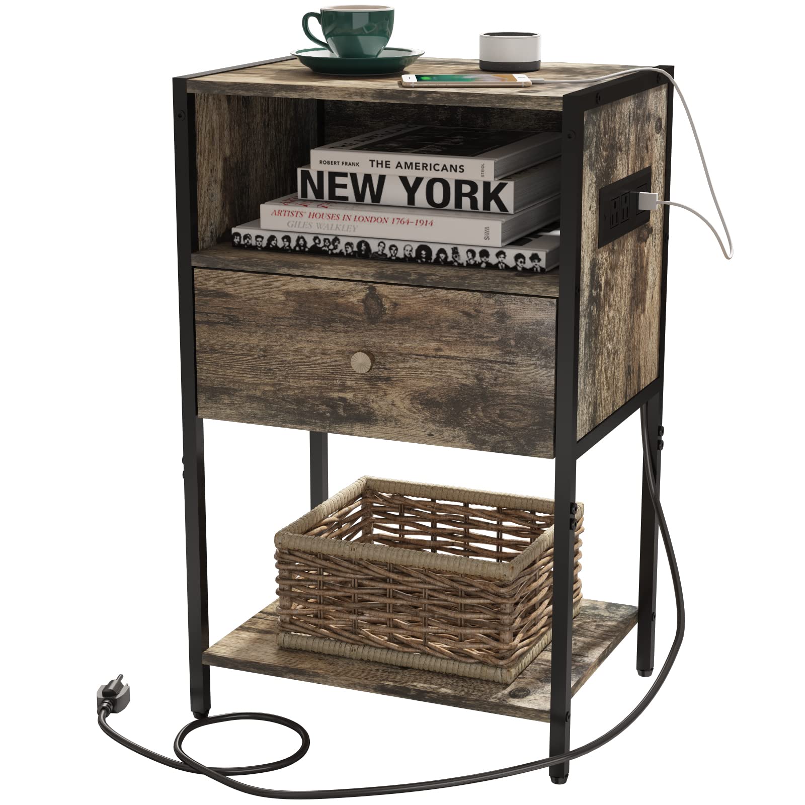 LDTTCUK Nightstand with Charging Station, Modern End Table with Drawer, Bedside Table with Open Storage for Bedroom,Retro Brown