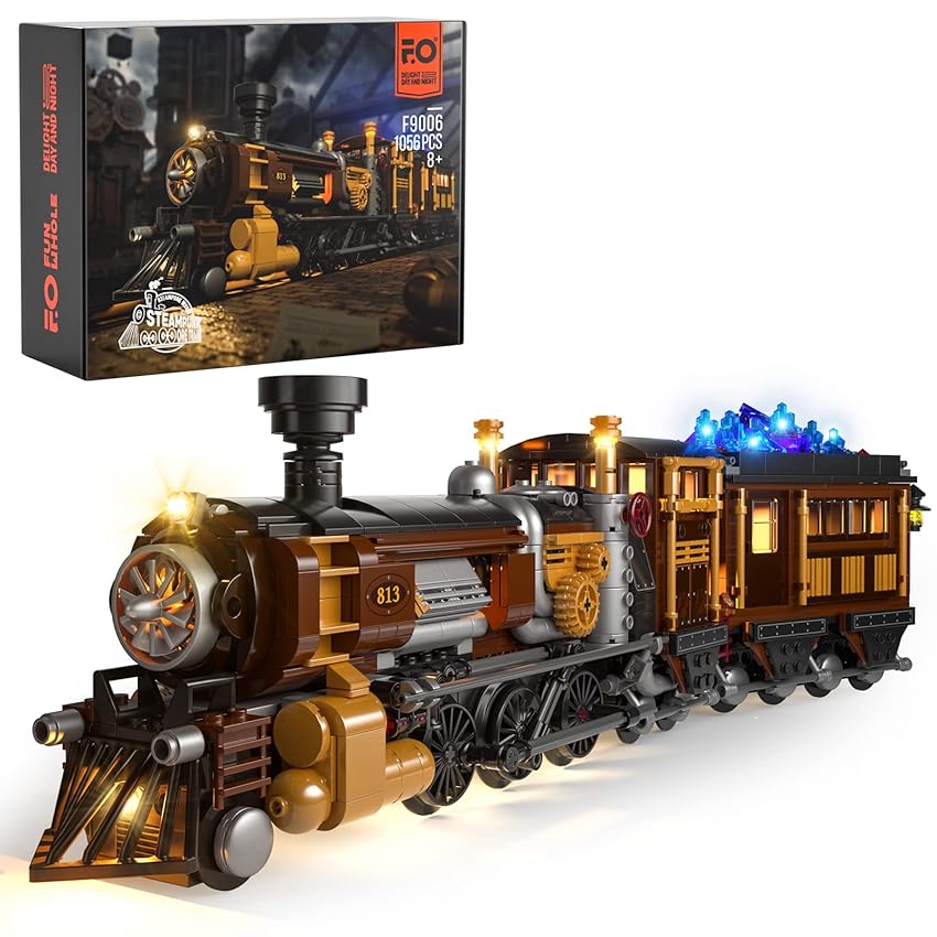 Immagine del prodotto FUNWHOLE Set di costruzione del treno con luci LED - Costruzione Steampunk del treno minerale Modello di costruzione 1056 PCS per adolescenti e adulti con kit di illuminazione LED