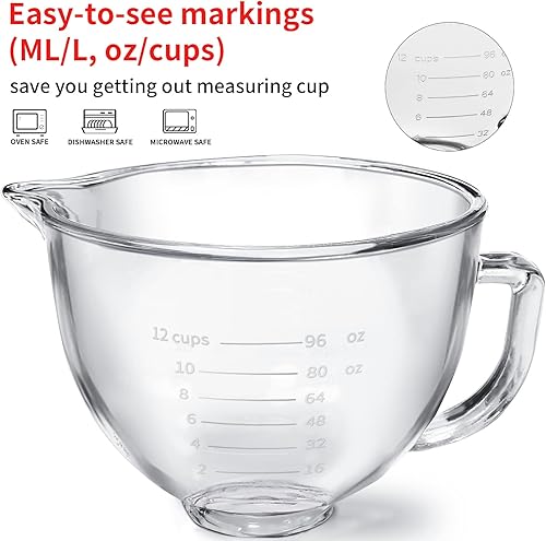 Miniatura 4 de Cuenco de vidrio con cabezal inclinable, 5 cuartos de galón, compatible con Kitchenaid Artisan 5KSM125, 5KSM150, 5KSM175, 5KSM7580, KSM150, RRK150,