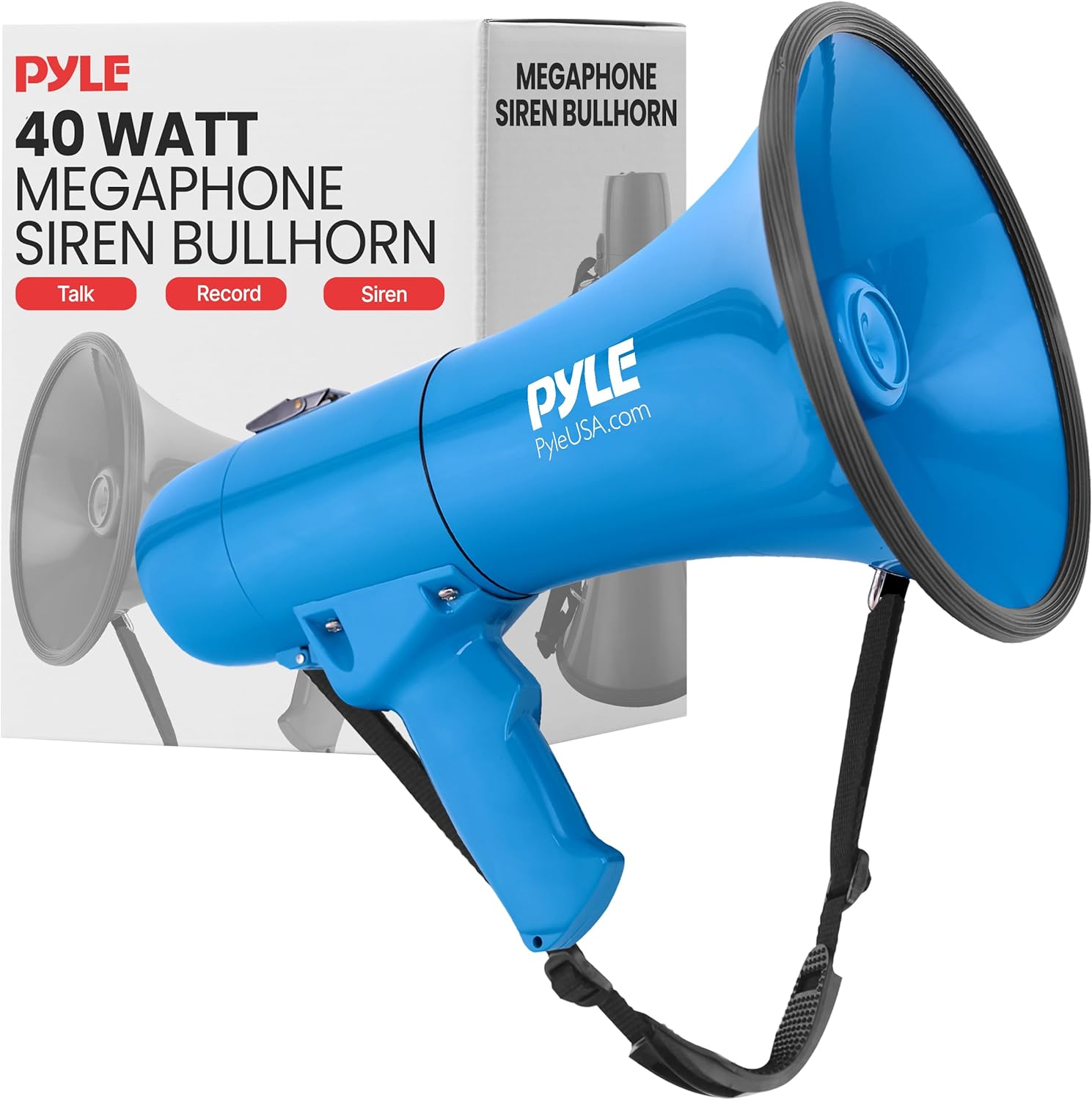 Pyle 40W Megaphone Siren Bullhorn Speaker, Portable and Lightweight Automatic Bullhorn for Indoor and Outdoor Use, 800 Square Yards Projection Range, Use as Siren/Music (Blue)