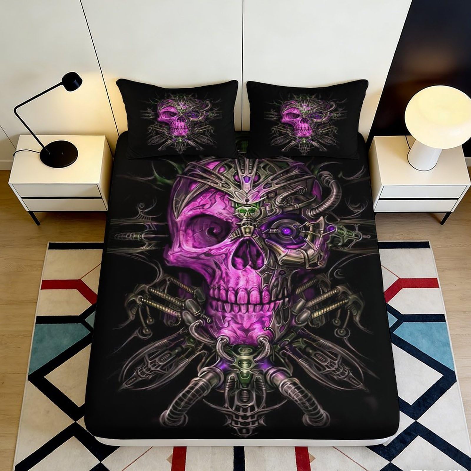3D Printed Cyber Skull Fitted Sheet Microfiber Soft Breathable Mechanical Skull Bed Cover for Bedroom Dormitory Guest Room Mattress Protection 200x200x25cm