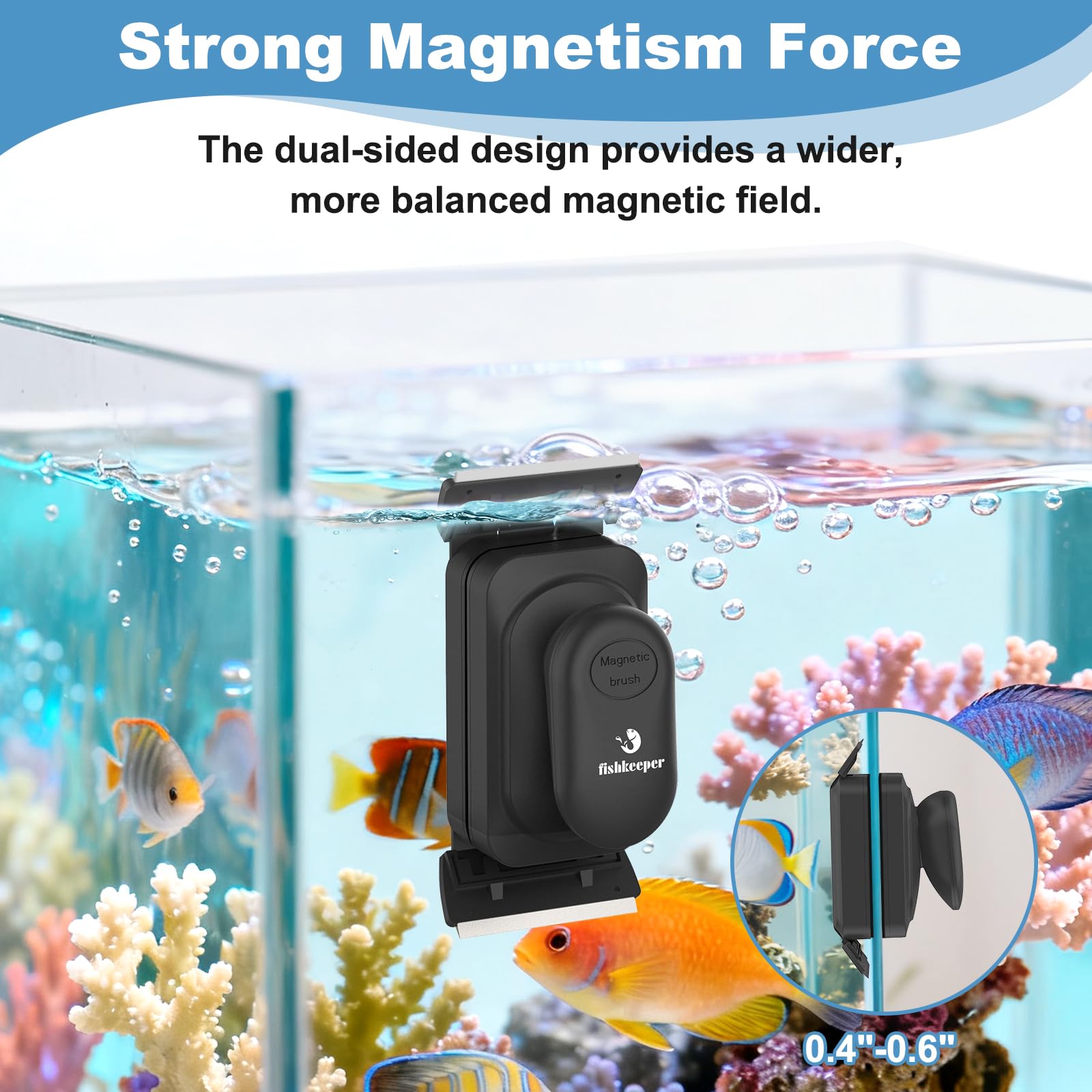 fishkeeper Nettoyant magnétique pour vitres d'aquarium avec 4 racloirs à algues | Brosse flottante 2 en 1, nettoyeur magnétique double face pour aquariums en verre et acrylique de 1 à 1,5 cm d'épaisseur (L)