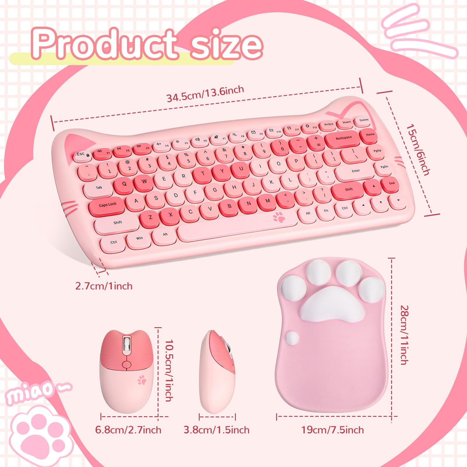 Saysurey Cute Cat Keyboard and Mouse Combo, USB Wireless with Cat Paw Mouse Pad, Silent 84 Keys 2.4 GHz Compatible with Notebook PC