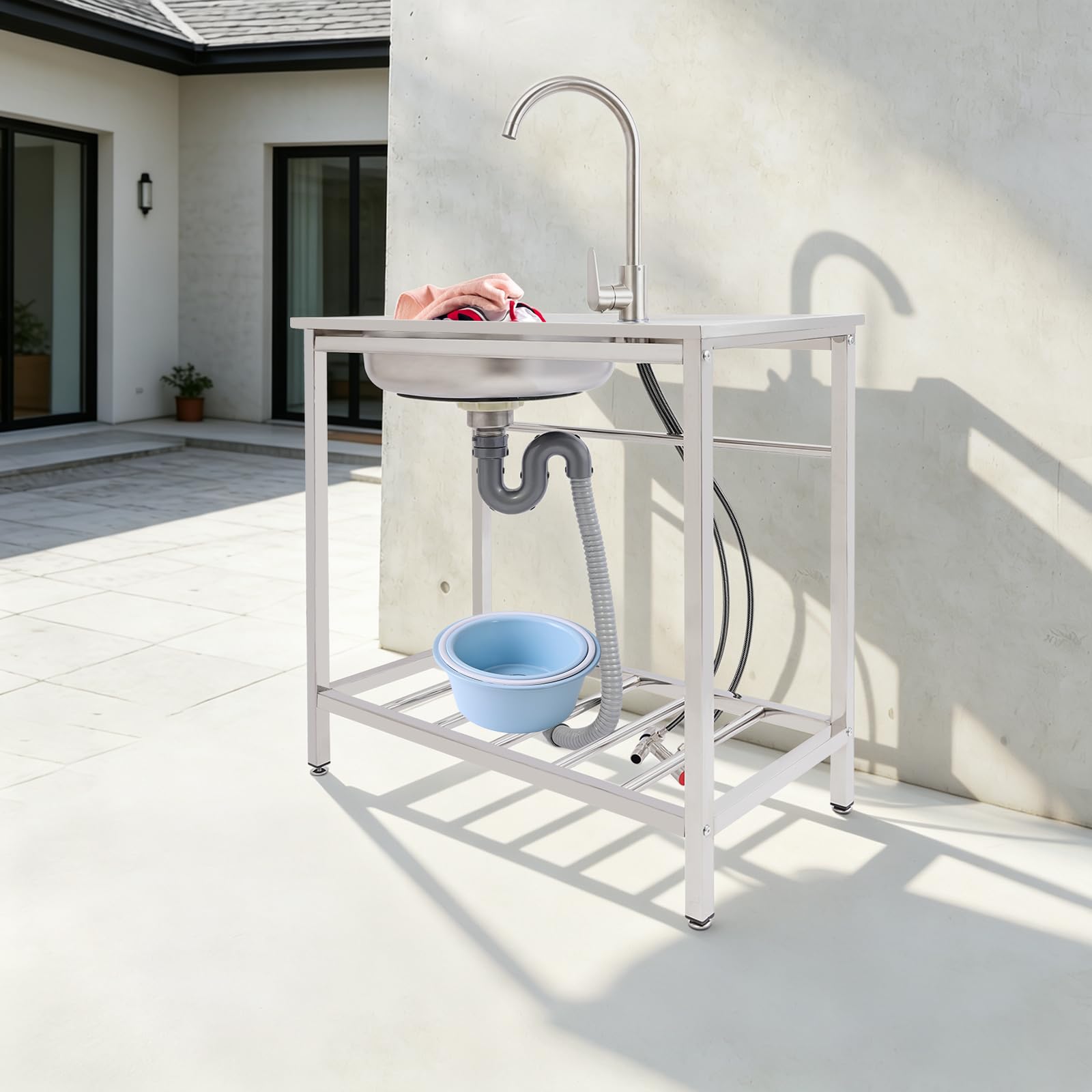 Fregadero de cocina independiente de acero inoxidable, 75 x 40 cm, con grifo | Fregadero de cocina independiente de acero inoxidable para jardín y terraza con desagüe y patas ajustables