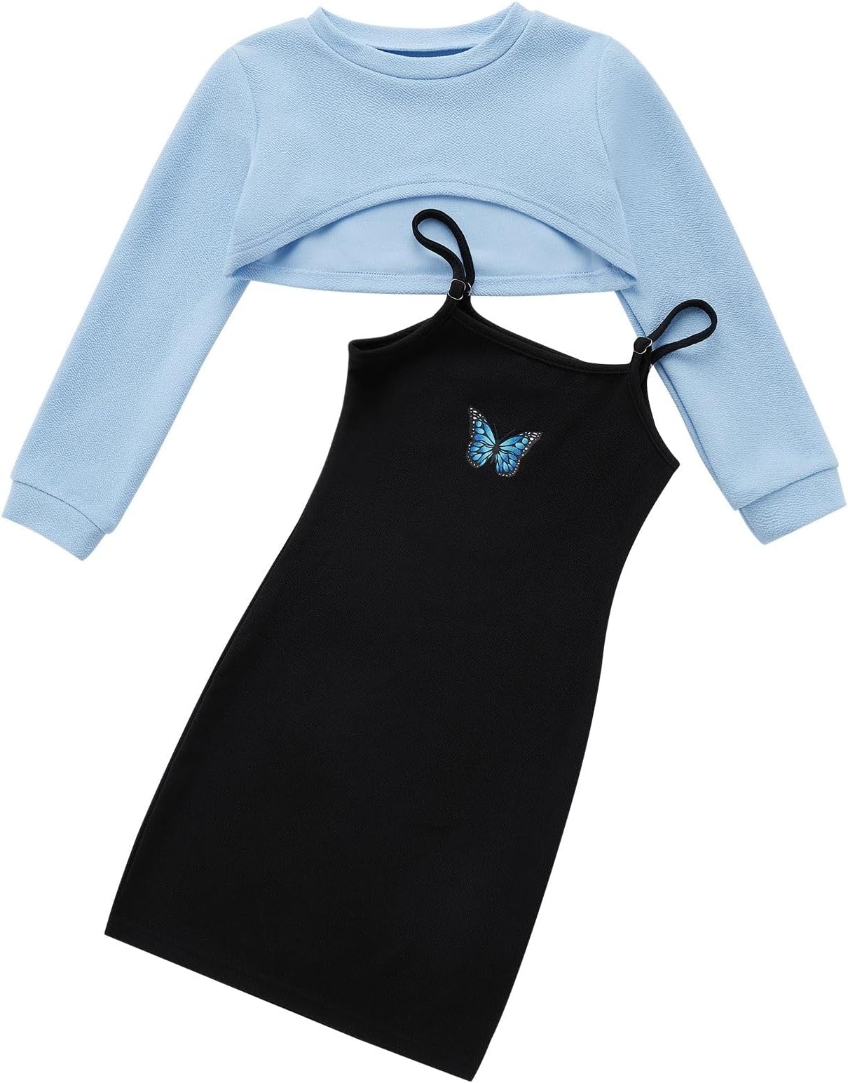 Naiyafly Girl's 2 Piece Outfits Kids Long Sleeve Crop Top and Cami Dress Set Teen Girls Pullover Sweatshirt + Butterfly/Plaid Print Bodycon Dress Clothes Christmas Party Casual Costumes