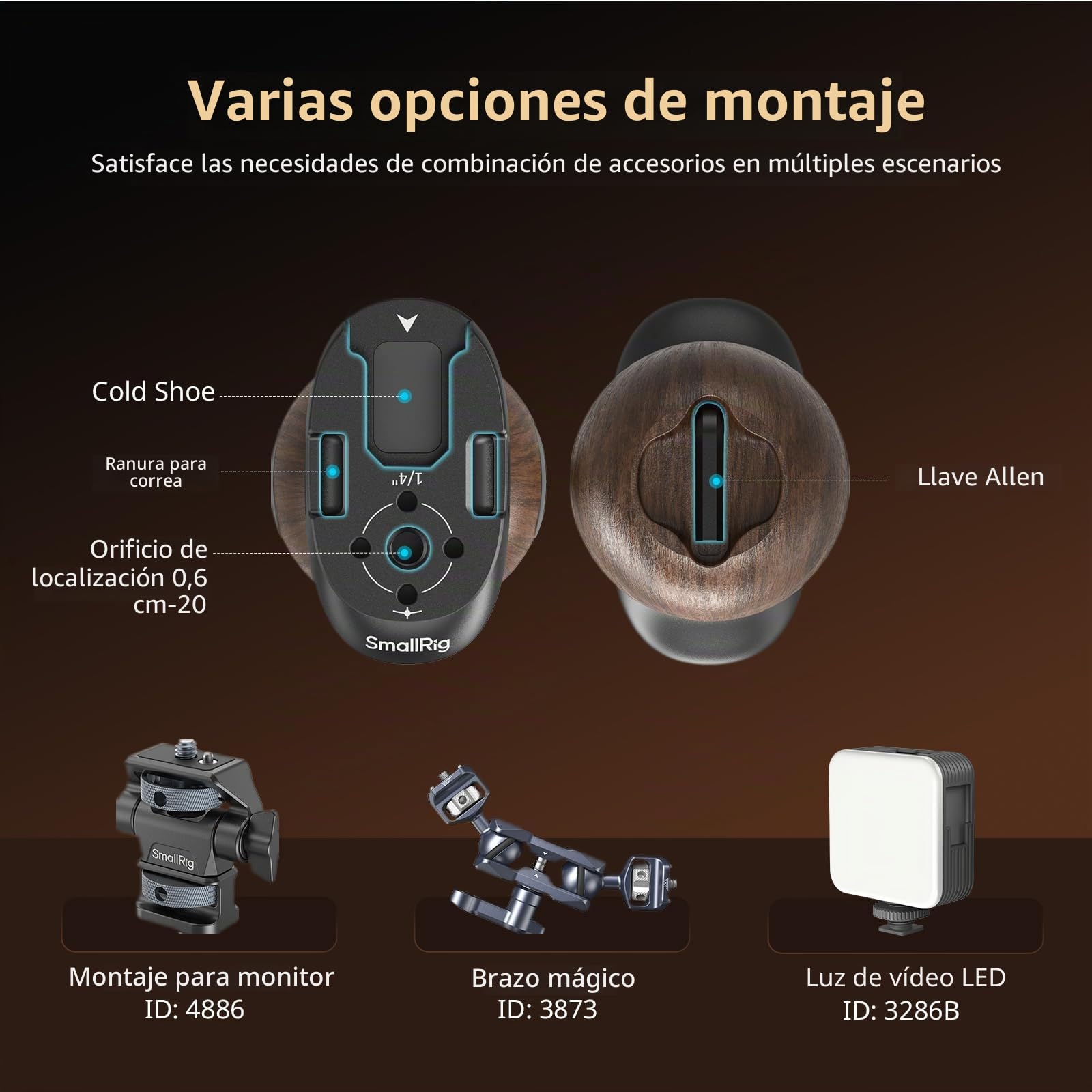 SMALLRIG Mango lateral Wooden para jaulas de cámara con tornillo de posicionamiento 2 en 1, mango ergonómico izquierdo o derecho, ajuste vertical de 29 mm, capacidad de carga de 15 kg/33,1 lb