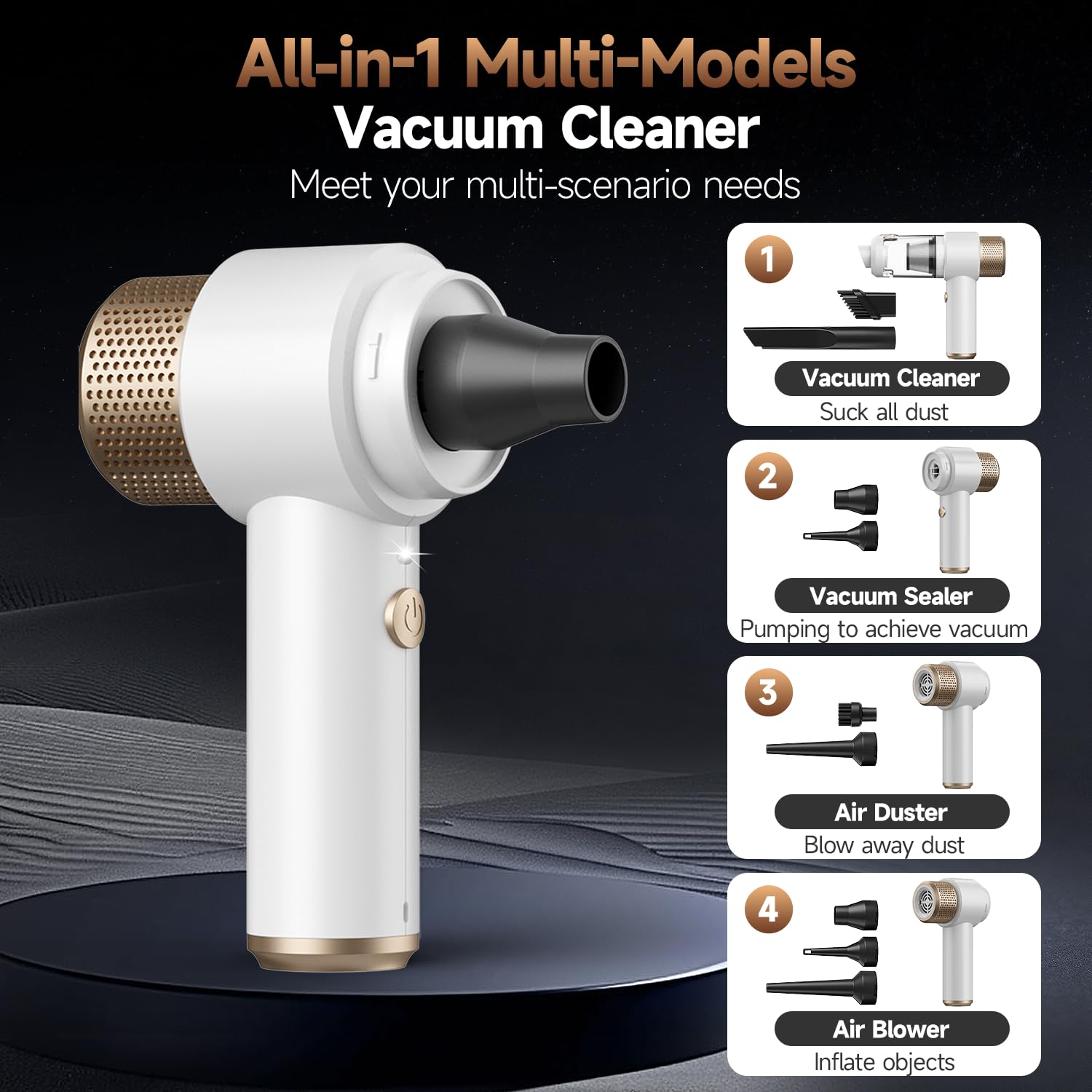 Vizeusvac 16000PA Mini Auto Aspiradora Inalámbrica Potente 7 en 1 Aspiradora de Mano Portátil Inalámbrica con Luz LED Doble Filtro One Touch Vacío Pelo de Animal para Hogar Oficina