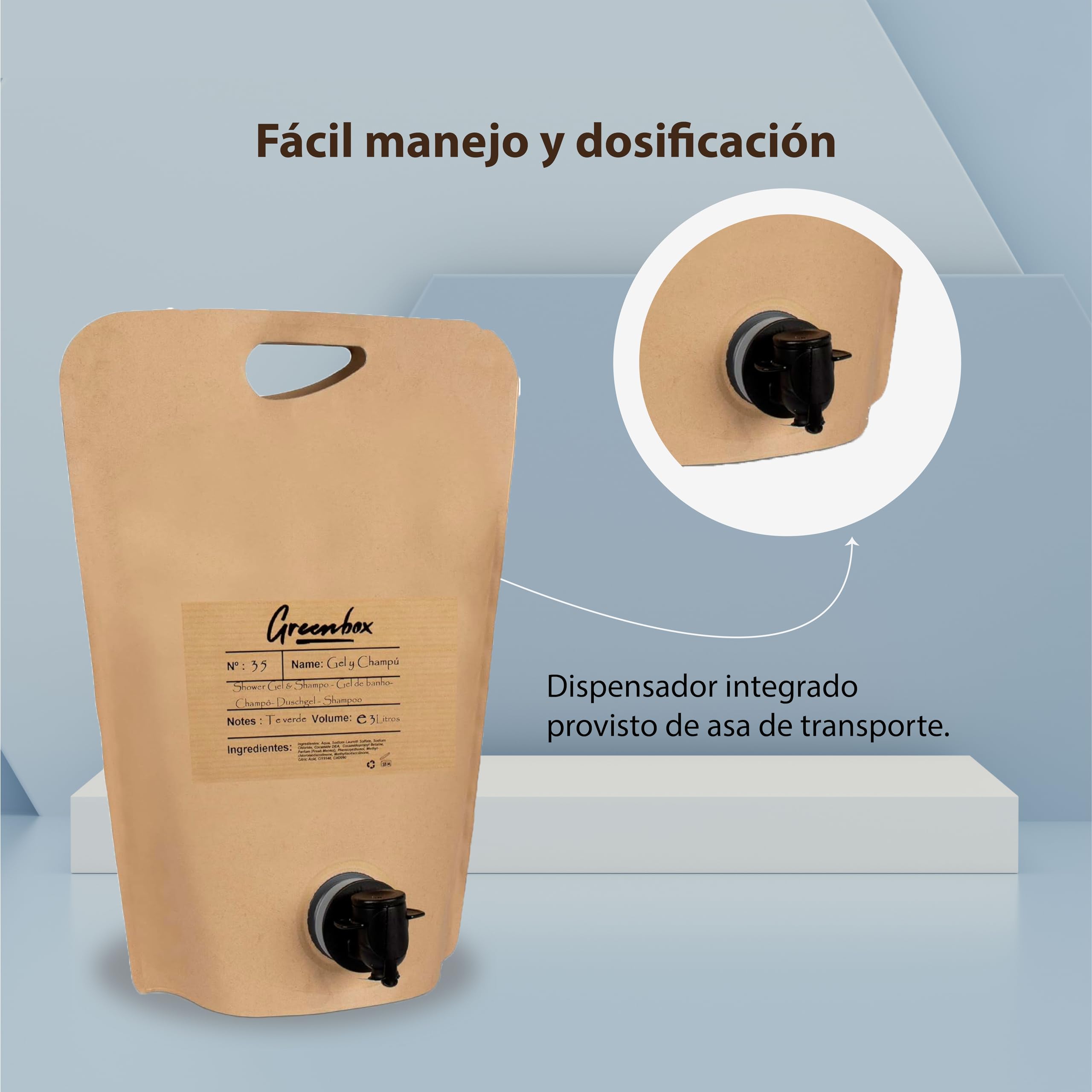 Ricarica gel e shampoo in "bag in box" BIO - Gel doccia e shampoo 2in1 con aroma di tè verde, 3L. Imballaggio ecologico e maniglia per il trasporto. Risparmia denaro e aiuta l'ambiente.