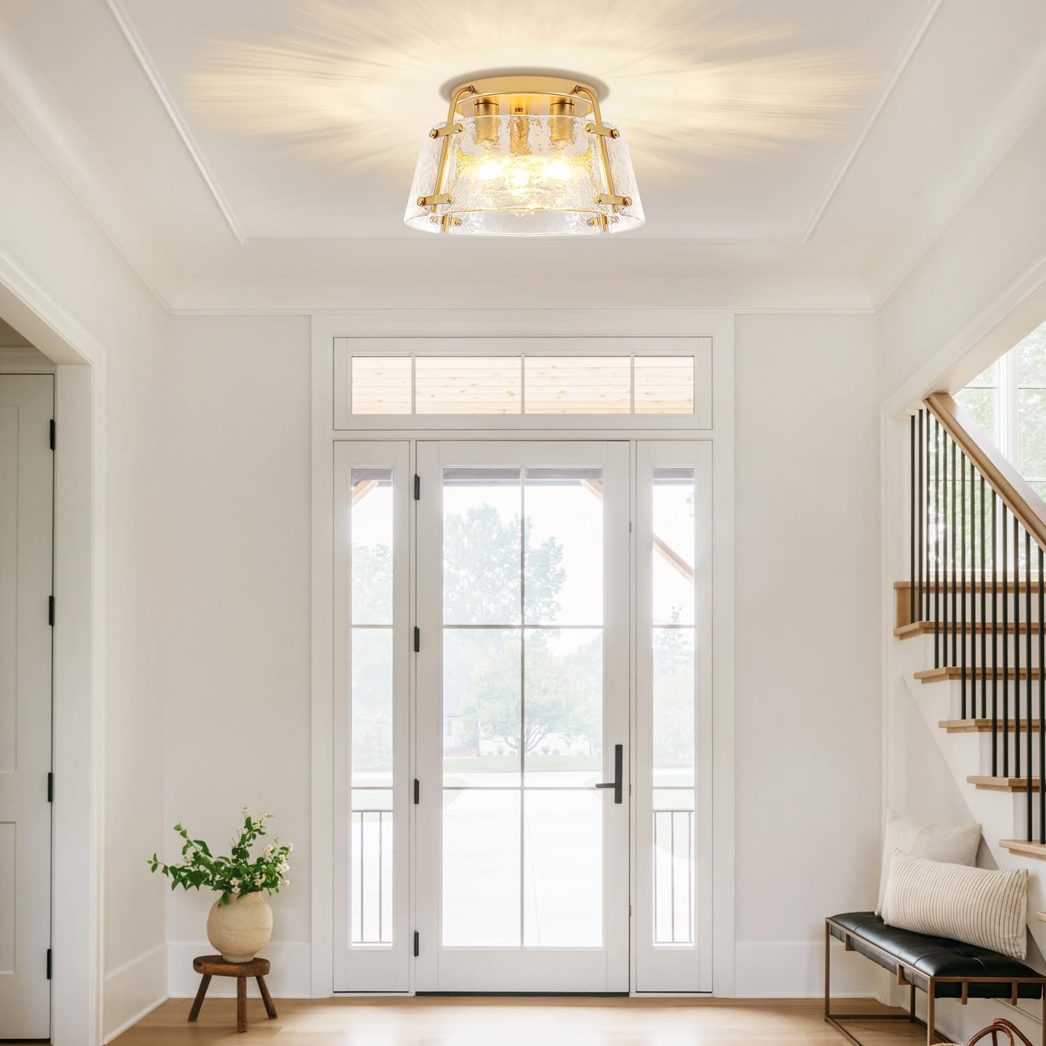 Gold Semi Flush Mount Ceiling Light 3-Light Modern Hammered Glass Chandelier Entryway Light Fixtures Kitchen Lighting Close to Ceiling Lights for Hallway Dining Room Bathroom Bedroom Foyer