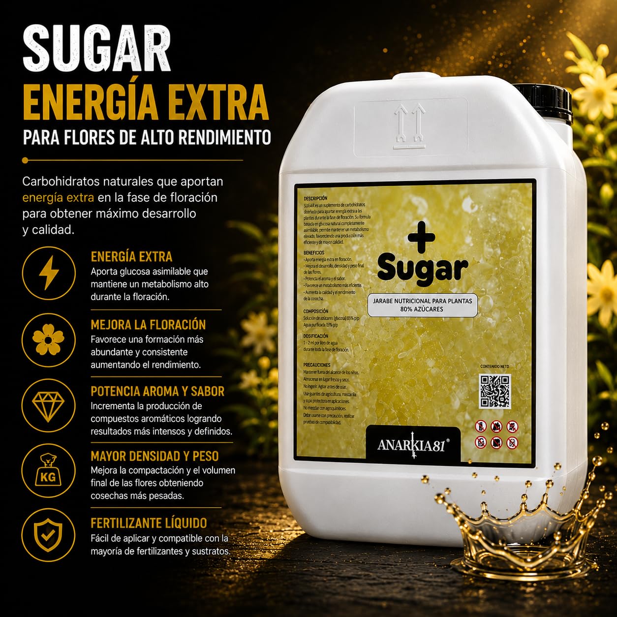 SUGAR 20 L – Carbohidratos para Plantas Potenciador de Floración Energía Extra Azúcares Asimilables Mejora Aroma Sabor y Densidad Fertilizante Líquido - Anarkia81