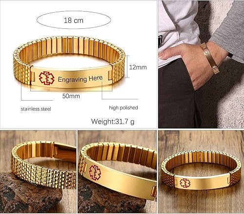 Miniatura 2 de LanM Pulseras de alerta médica para hombres y mujeres, grabado gratis, acero inoxidable, 7.9-8.7 pulgadas