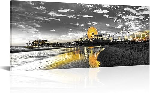 Conipit Lienzo decorativo gris y amarillo para pared, diseño de muelle de Santa Mónica, imágenes de Los Ángeles, California, rueda de la fortuna,