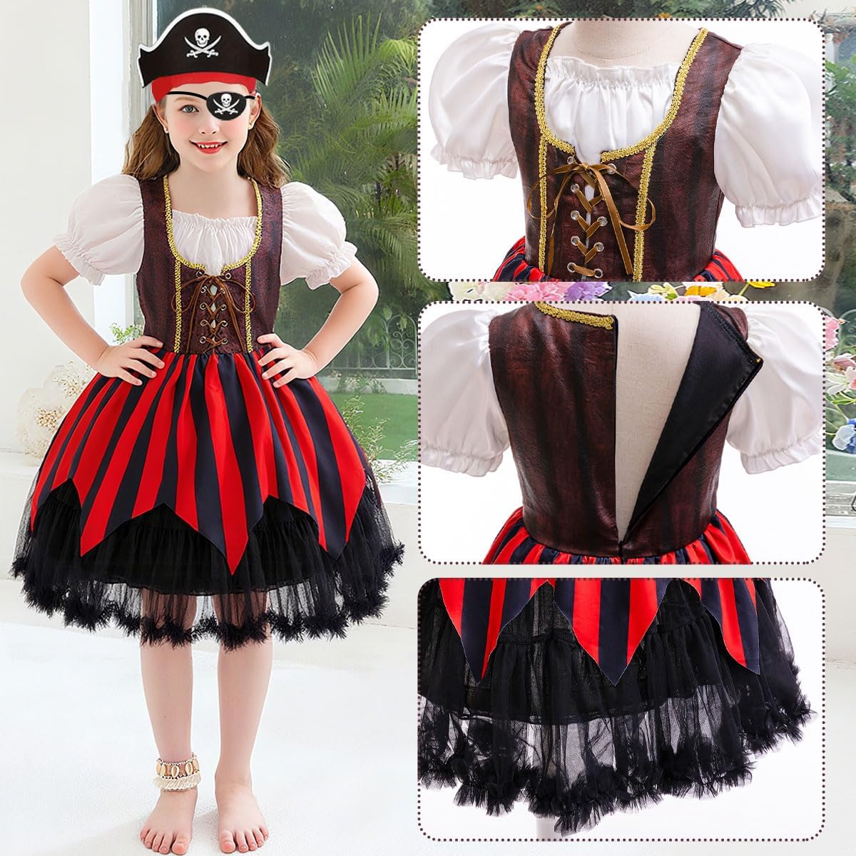 Girls Pirate Costume Kids Halloween Buccaneer Dress Up Cosplay Party Outfits with Accessories