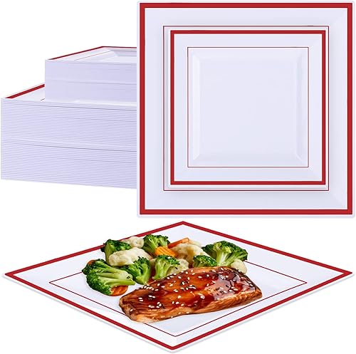 Juego de 100 platos cuadrados de plástico desechables, para 50 invitados de 9.5, 6.5 pulgadas, platos de cena resistentes con borde, platos