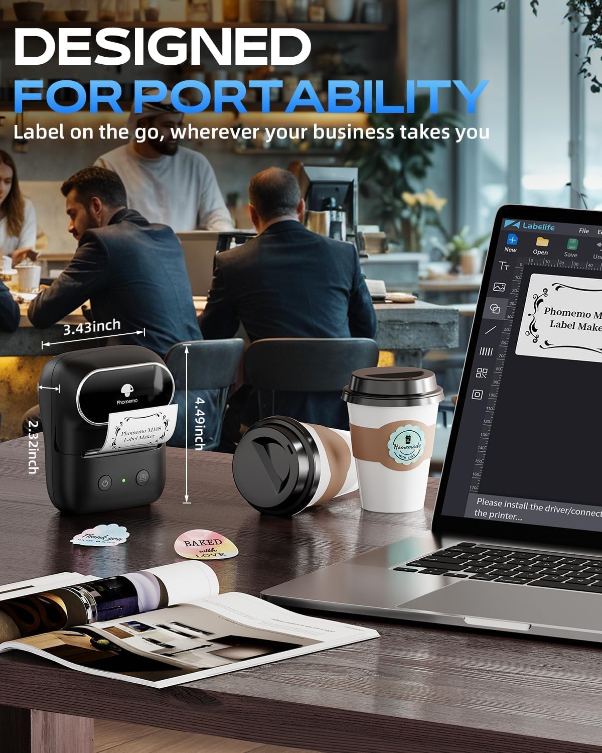 Phomemo M108 Étiqueteuse avec 2 Rouleau d'étiquette, imprimante Etiquette autocollante Bluetooth Thermique Portable, Utilisé au Bureau,Code à Barres,Petite Entreprise,Magasin