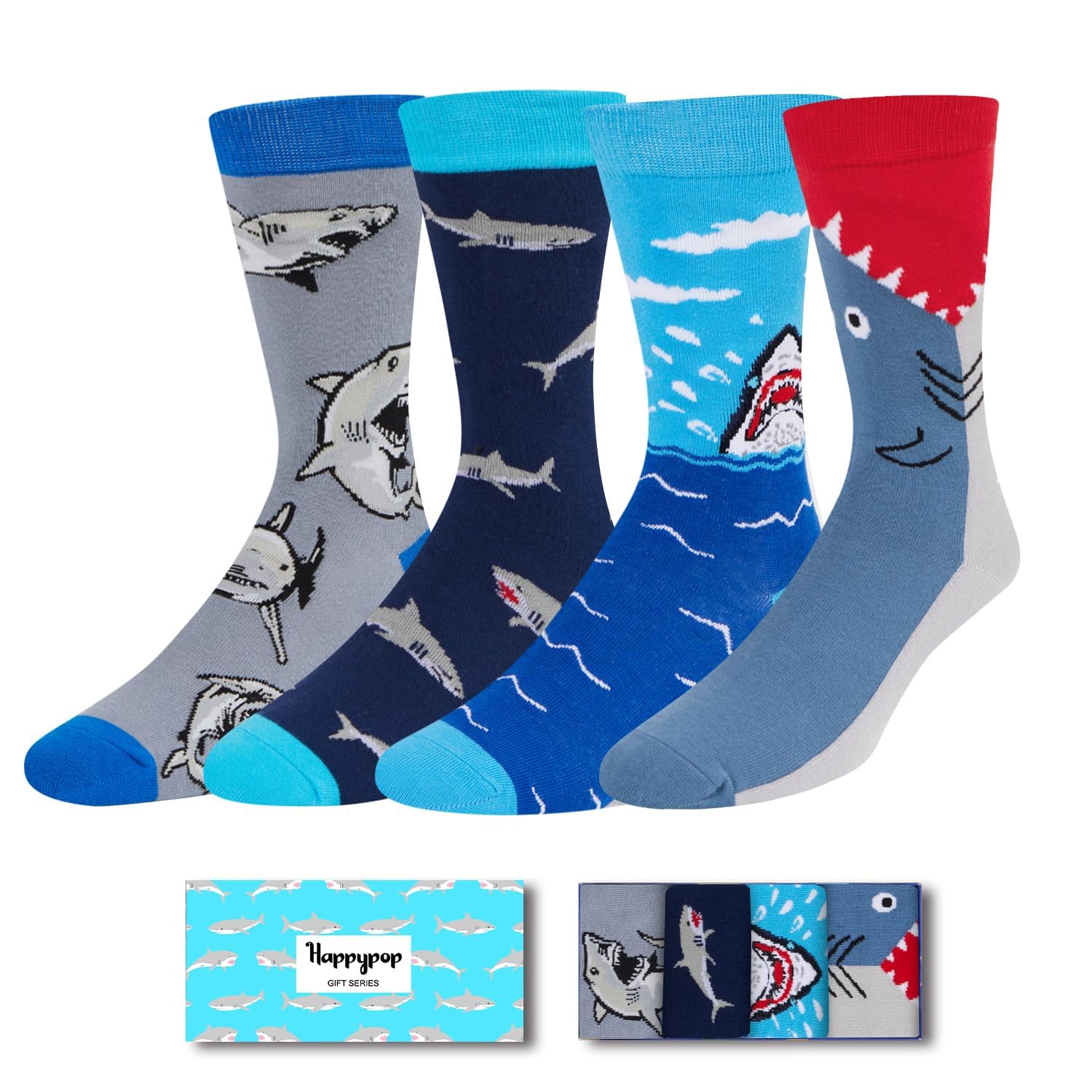 HAPPYPOP Shark Gifts for Boys - Silly Shark Socks 4 Pack, Ocean Socks for Kids 4-18 Years